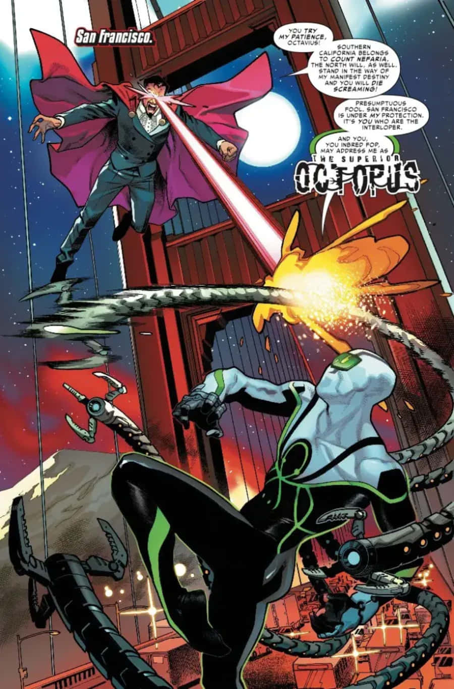 Spider-geddon 桌布 壁紙 — 一位身穿紅色斗篷的超級英雄在火海般的城市景觀中向一個擁有機械觸手的反派發射激光束。