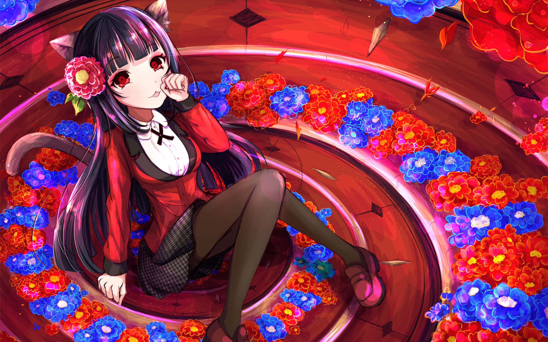 Kakegurui 桌布 壁紙 — 一位身穿紅色服裝的貓耳動漫少女，優雅地坐在旋轉的紅色和藍色花朵之中，構成一個充滿活力、如夢似幻的場景。