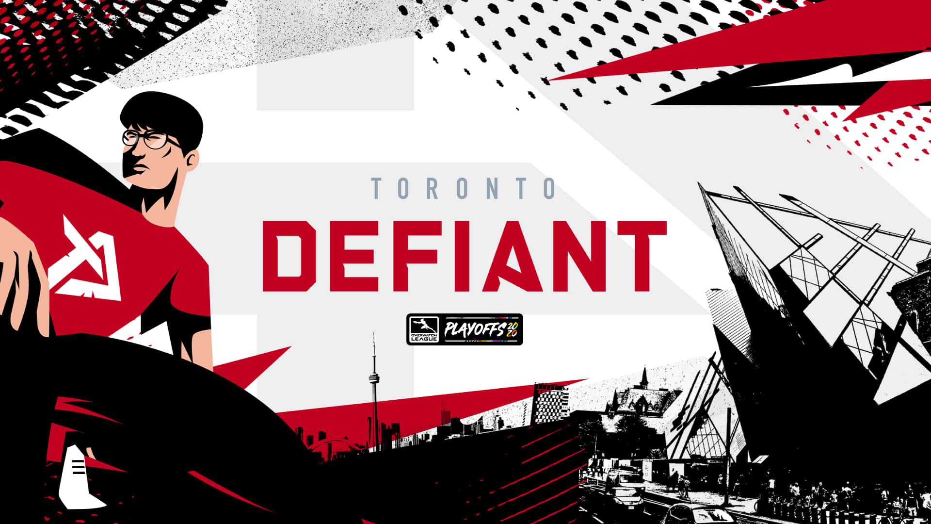 Overwatch League 桌布 壁紙 — 一位身穿紅色球衣的風格化電競選手，站在多倫多天際線前，搭配大膽的紅、黑、白圖形元素。