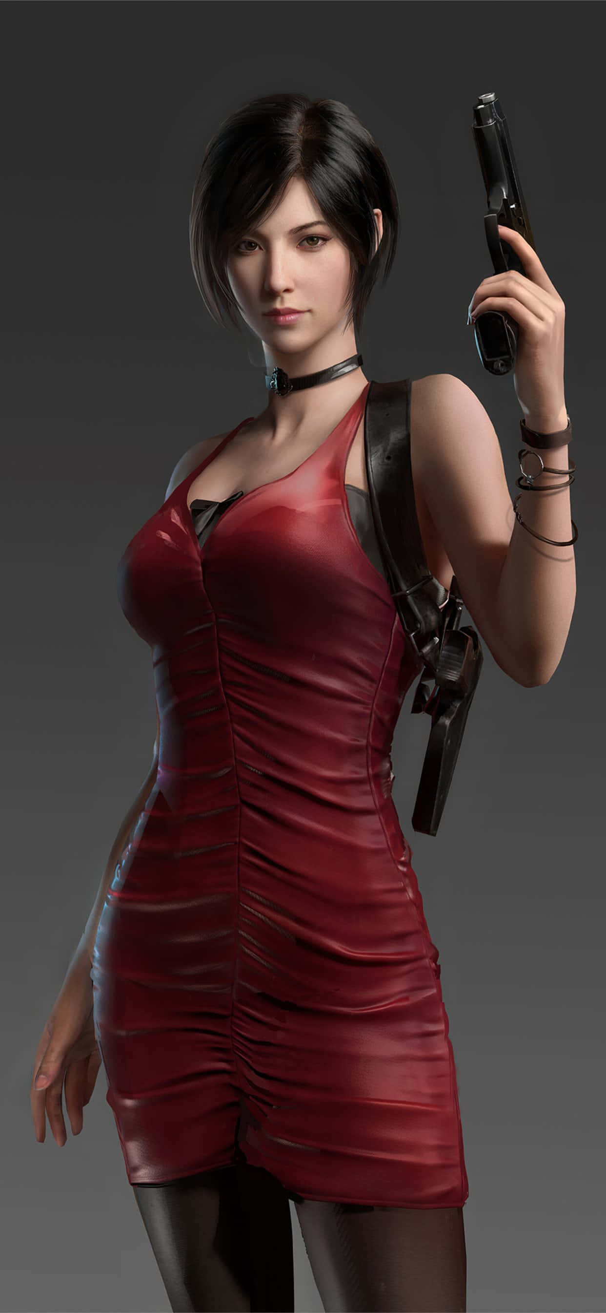 Resident Evil Characters 桌布 壁紙 — 一位身穿紅色皮裙的女性，戴著黑色頸圈和長筒襪，在灰色背景前手持手槍。
