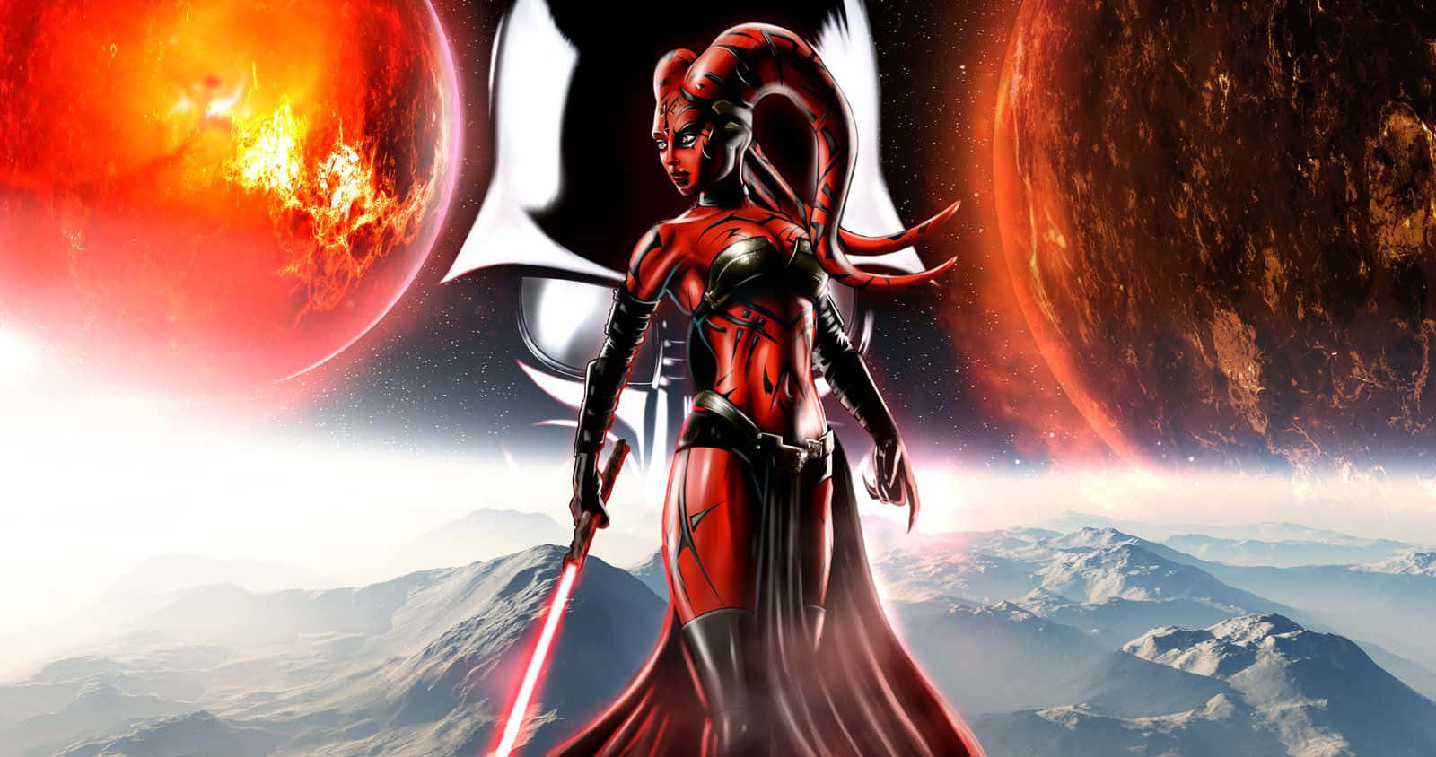 Twi'lek 桌布 壁紙 — 一位身穿紅色盔甲、頭上有角、披風飄揚的女戰士，站在白雪覆蓋的山峰上，揮舞著紅色光劍，背景是熾熱的行星和一個黑洞。