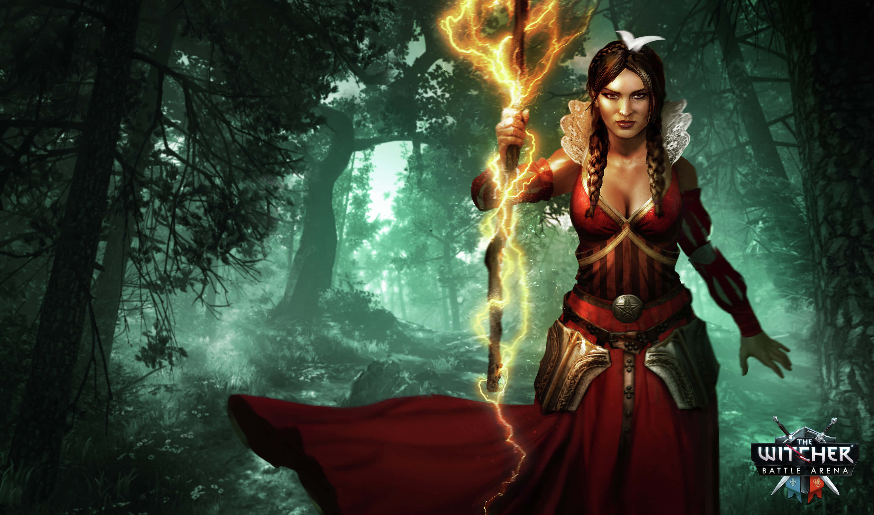 Moba Games 桌布 壁紙 — 一位身穿紅色盔甲的兇猛女巫在迷霧籠罩的黑暗森林中揮舞著噼啪作響的閃電法杖。