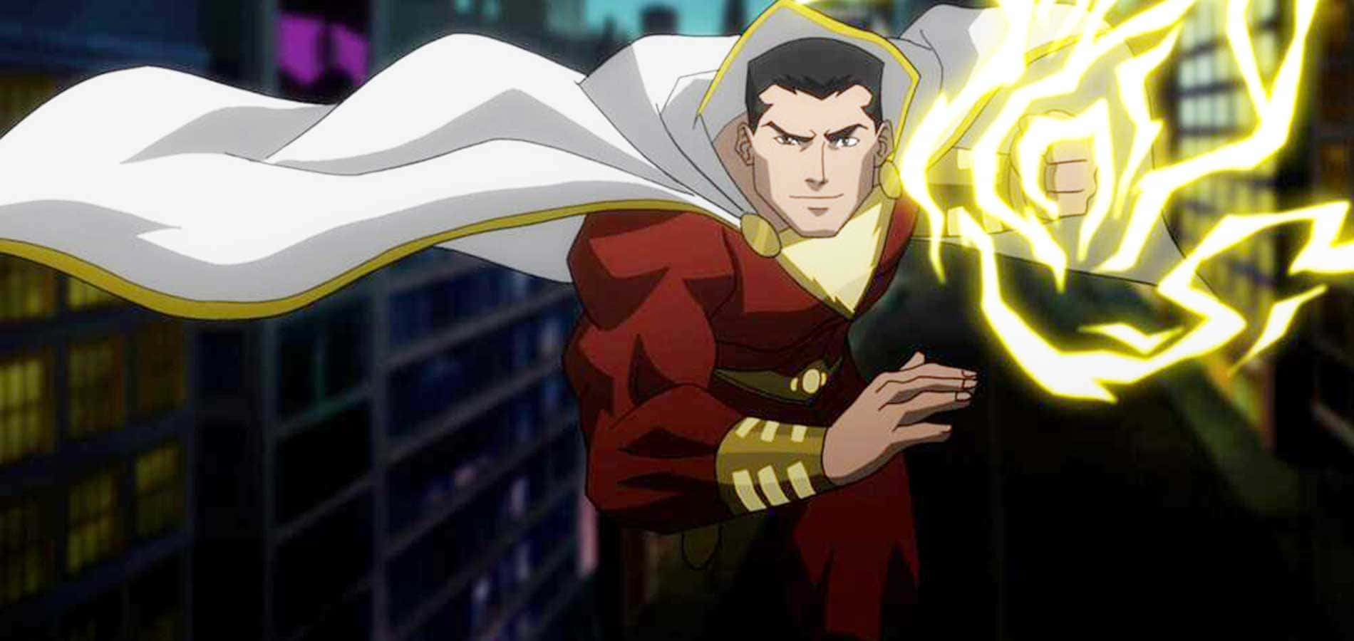 Justice League War 桌布 壁紙 — 一位身穿紅色緊身衣和白色披風的超級英雄，在夜晚對著黑暗的城市天際線釋放出發光的黃色閃電。