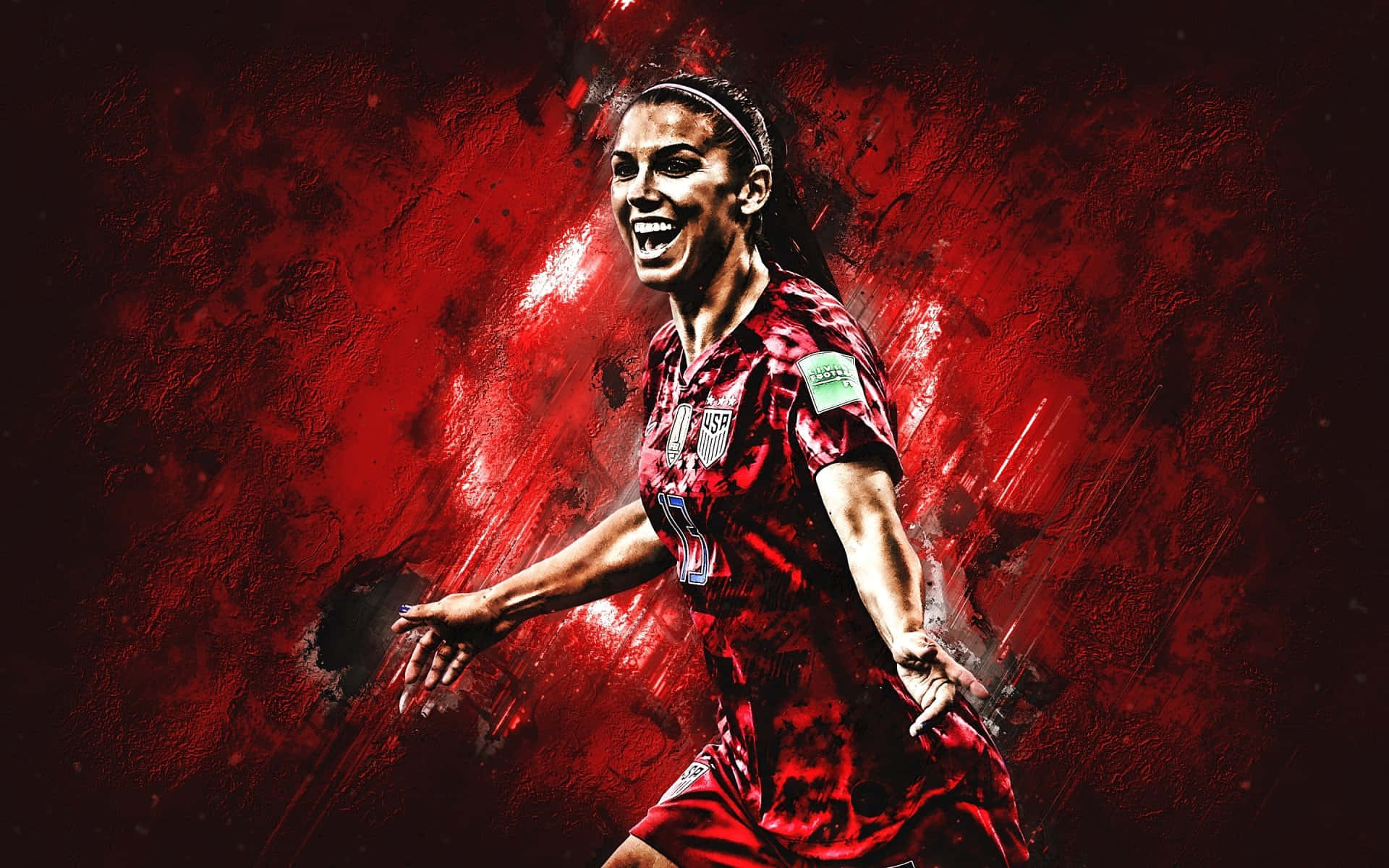 Alex Morgan 桌布 壁紙 — 一位身穿紅色美國球衣的女足球員，在動態的紅色紋理背景上勝利地慶祝。