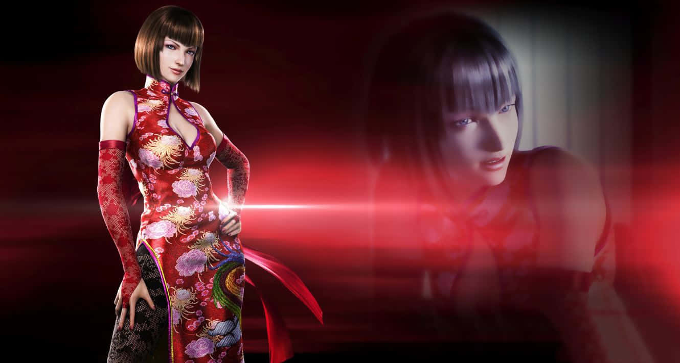 Tekken Characters 桌布 壁紙 — 一位身穿紅色花卉旗袍的女性自信地站在深紅色發光背景前，身後有一個模糊的鬼影。