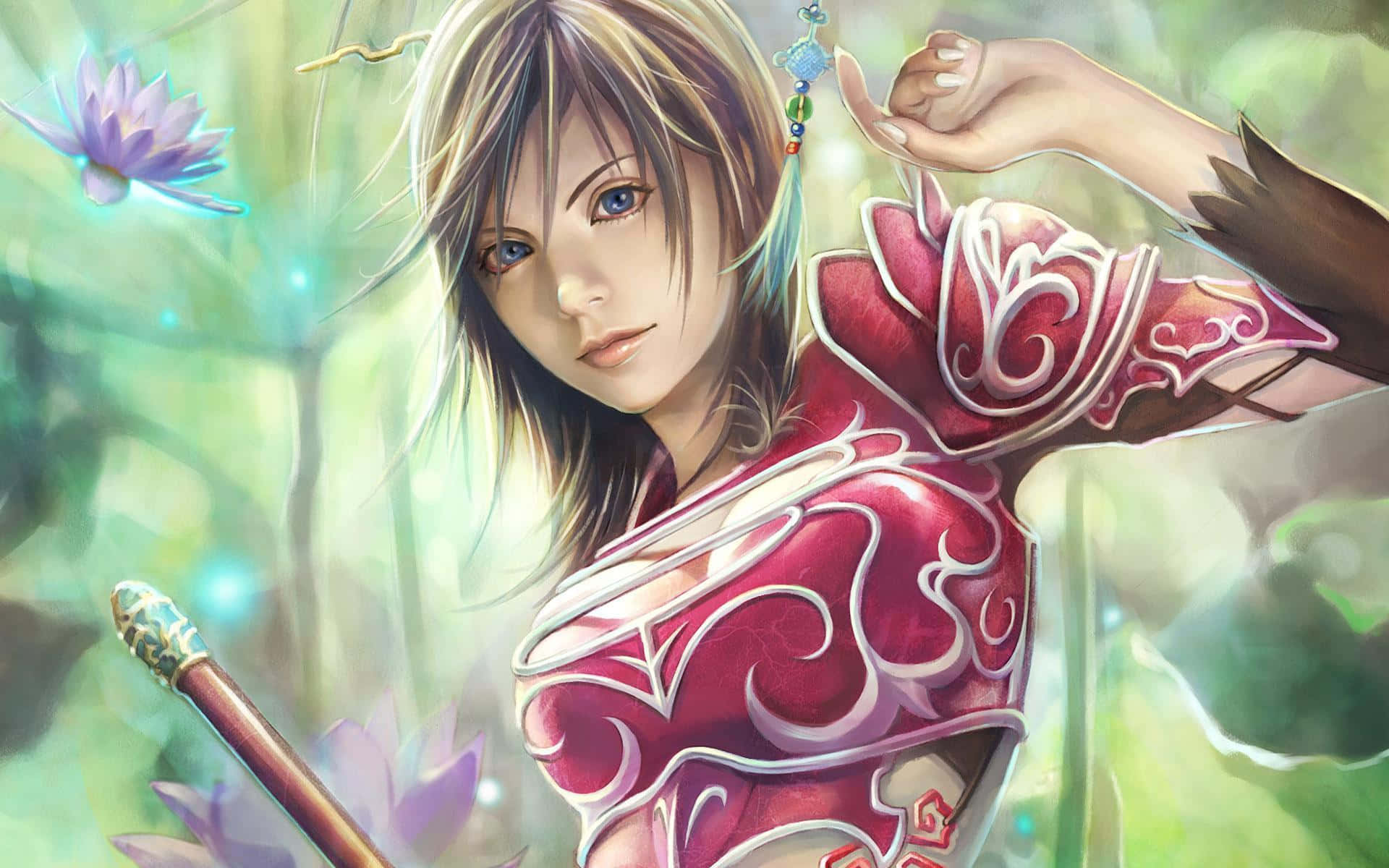 cg 桌布 壁紙 — 一位身穿紅色華麗盔甲、神情寧靜的動漫少女，佇立在陽光明媚的森林中，周圍是發光的紫色蓮花。