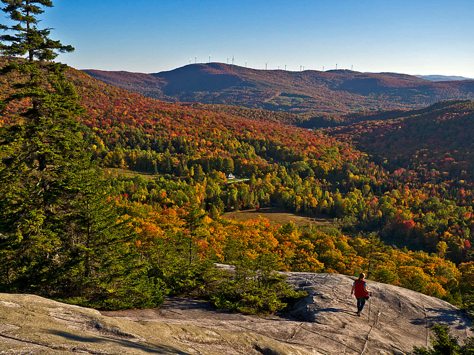 Fall Hikes 桌布 壁紙 — 一位身穿紅色衣服的孤獨遠足者站在陽光普照的岩石上，俯瞰著一個廣闊的山谷，山谷裡充滿了秋葉和遠處的風力發電機。