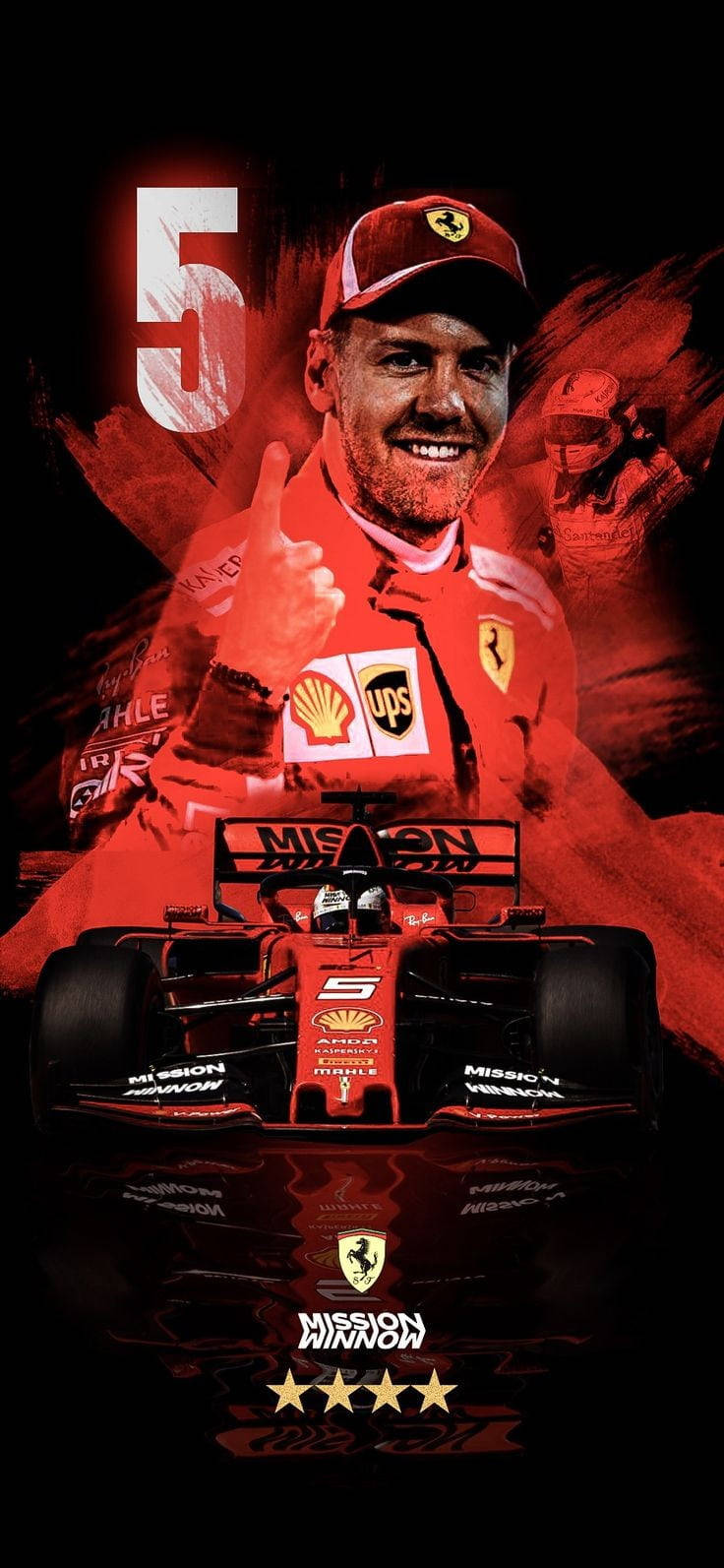 sebastian vettel 桌布 壁紙 — 一位身穿紅色裝備的法拉利一級方程式車手在他的賽車（帶有5號和贊助商標誌）上方豎起大拇指。