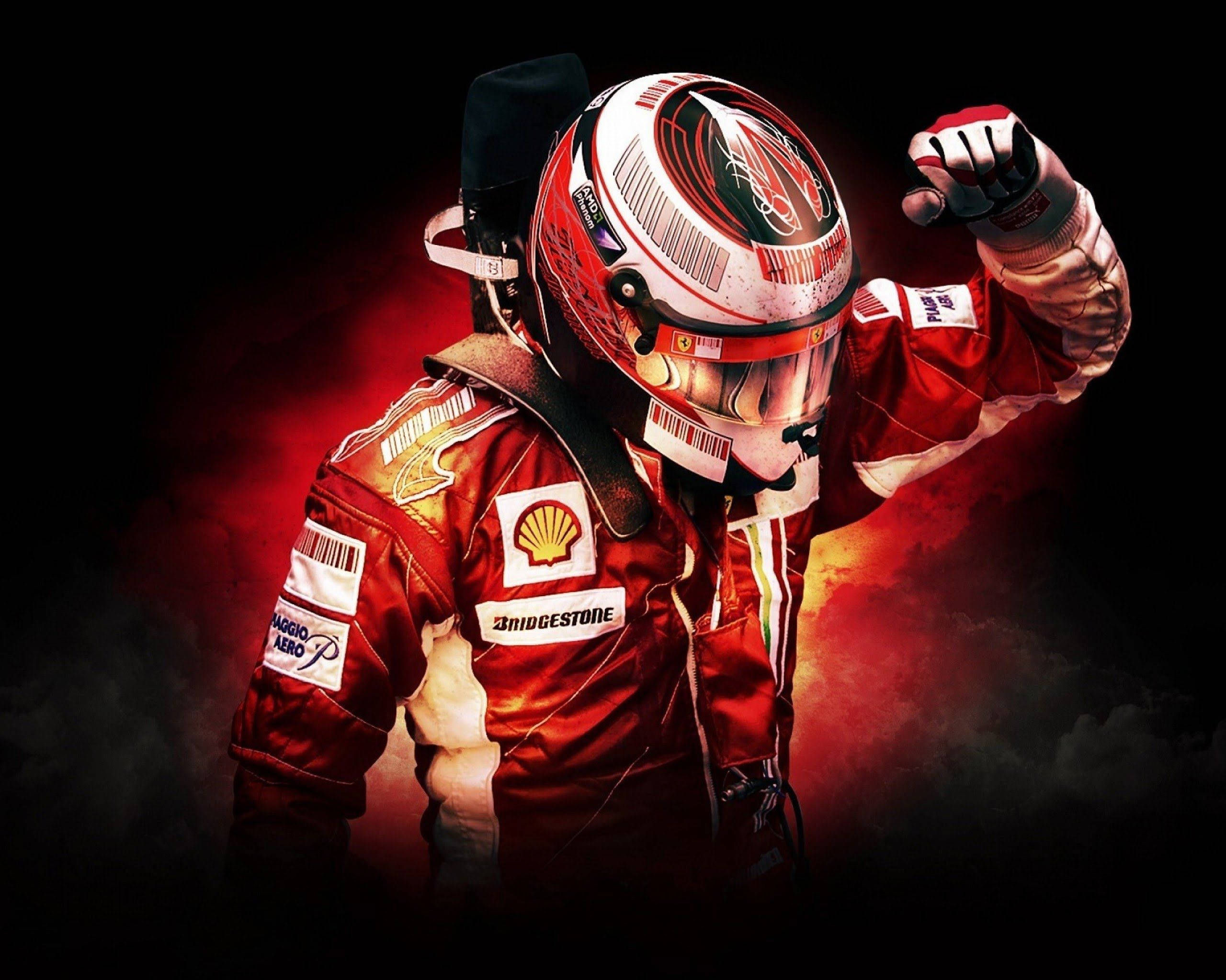Dramatic Fanart Michael Schumacher 壁紙 — 一位身穿紅色賽車裝備和頭盔的F1車手，在火紅和黑色背景下勝利地舉起拳頭。