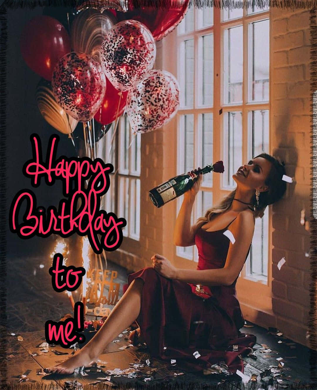 生日快樂俾自己 桌布 壁紙 — 一位身穿紅色連衣裙的女性坐在窗邊，用五彩紙屑、氣球和一瓶香檳慶祝她的生日。