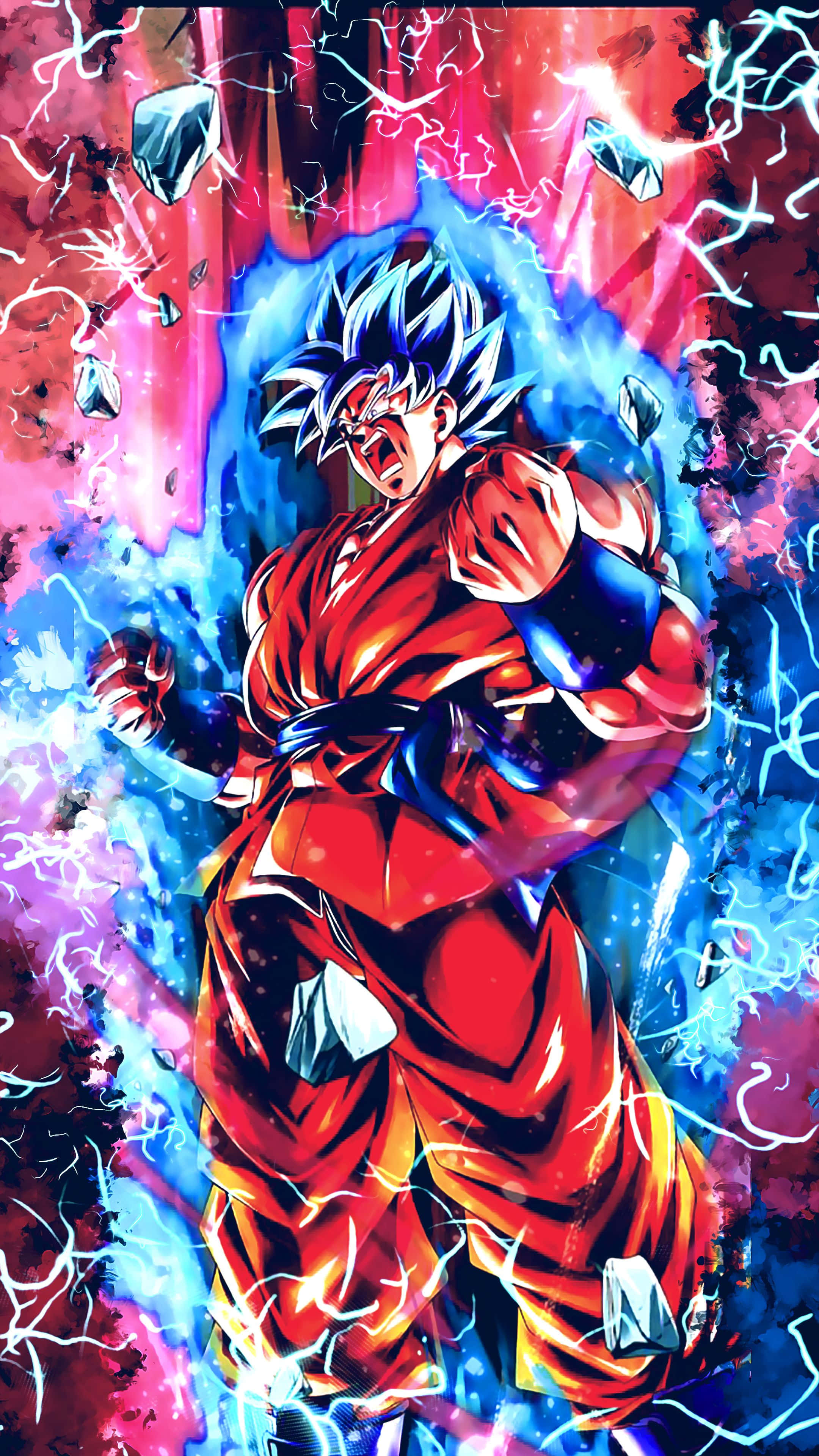 Goku Kaioken 桌布 壁紙 — 一位身穿紅色道服的強大動漫戰士，在破碎的水晶和充滿活力的宇宙色彩中釋放電能。