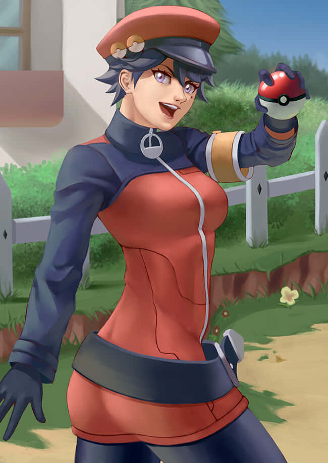 Pokemon Ranger 桌布 壁紙 — 一位身穿紅藍制服、開朗的動畫訓練師，在戶外白色圍欄附近手持精靈球。