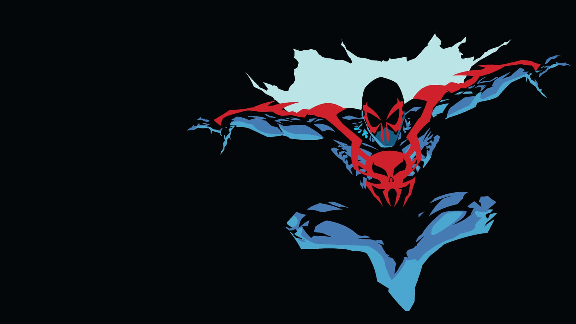 Spider Man 2099 桌布 壁紙 — 一位身穿紅藍戰衣的動感超級英雄，在漆黑的背景下向前躍進，身後伴隨著耀眼的爆光。