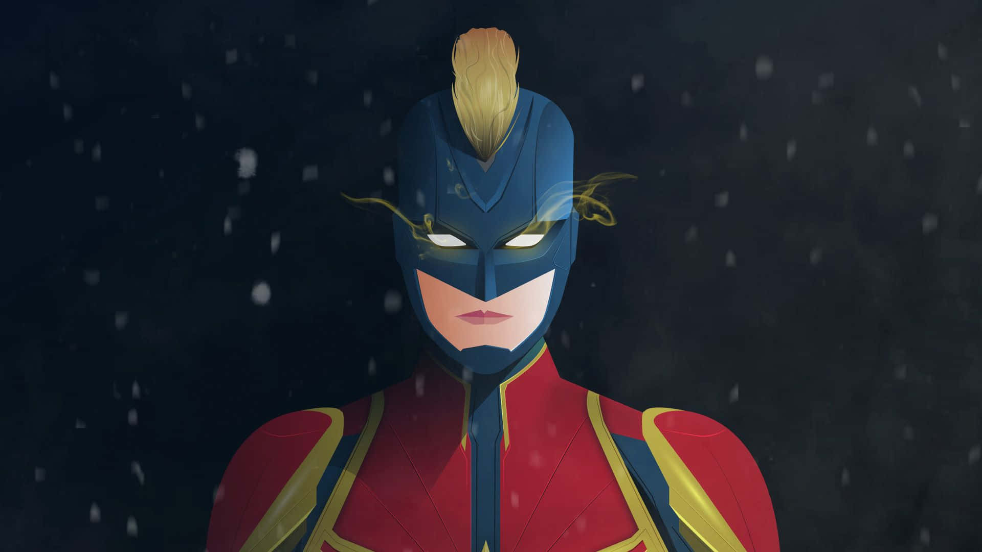 Captain Marvel HD 桌布 壁紙 — 一位身穿紅藍色套裝、帶有黃色點綴的超級英雄，站在黑暗天空下飄落的雪中。