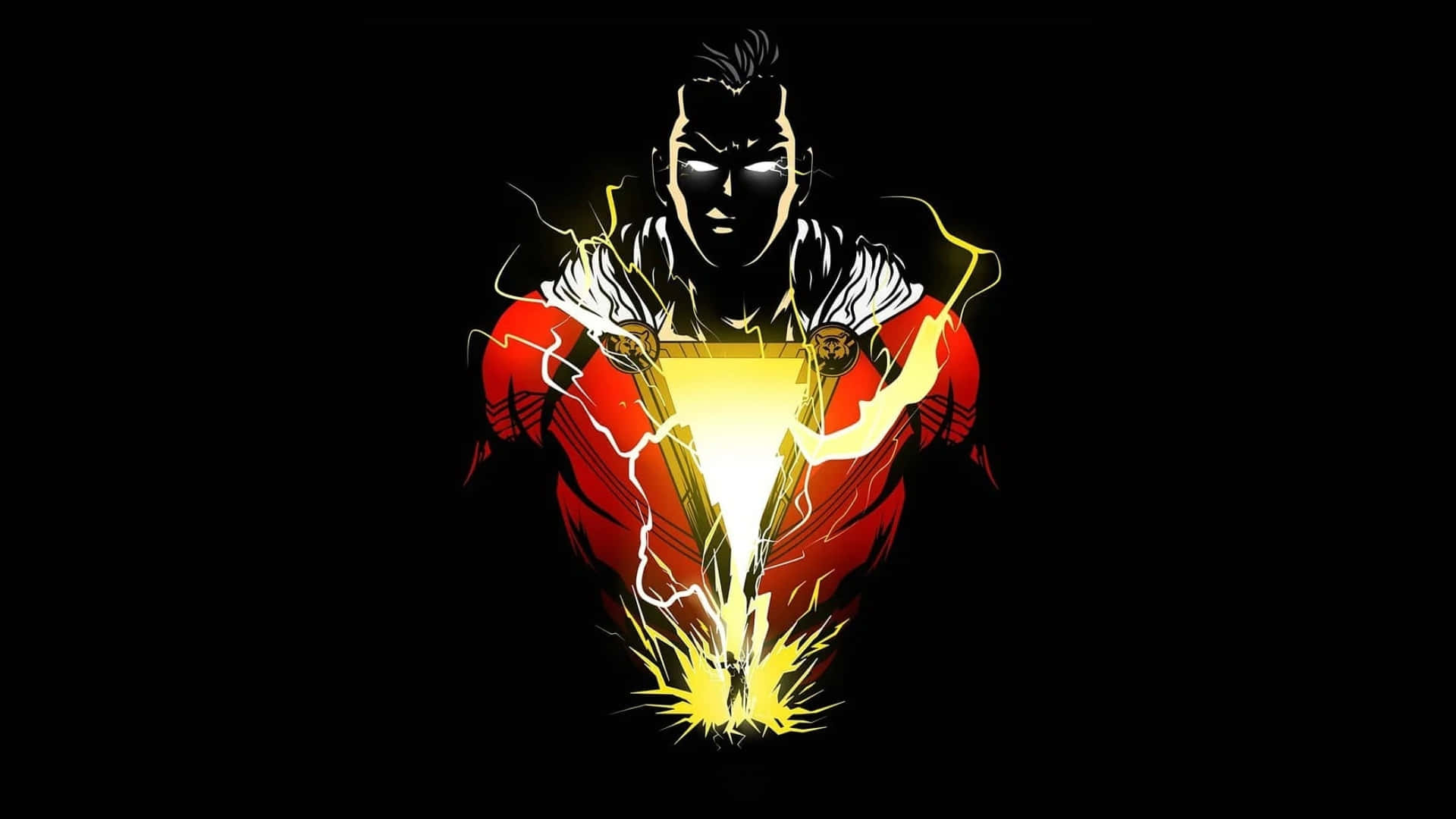 HD Amoled Shazam 壁紙 — 一位身穿紅金盔甲的超級英雄站在黑色背景前，帶有發光的閃電效果。