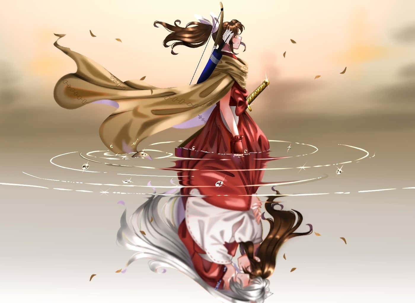 Yashahime 桌布 壁紙 — 一位身穿紅金長袍的女武士站在水中，她的倒影泛起漣漪，秋葉在她周圍飄落。