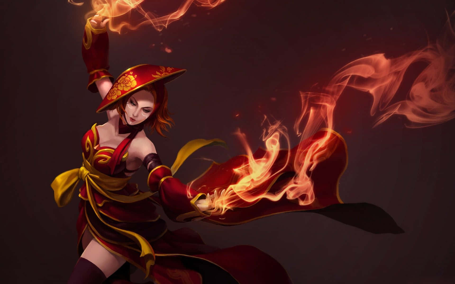 Dota 2 Lina 桌布 壁紙 — 一位身穿紅金長袍的熾熱動漫戰士，在黑暗背景下以動態動作引導烈焰能量。