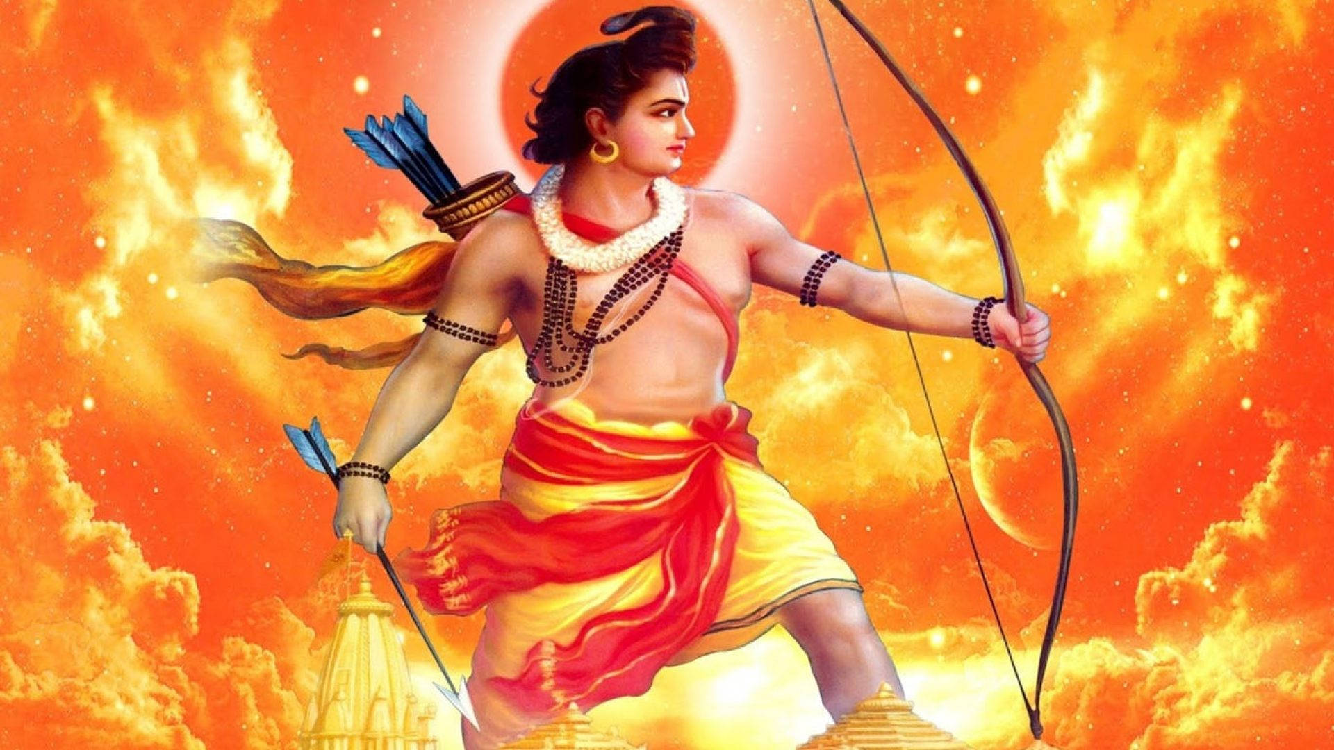 jai shri ram 桌布 壁紙 — 一位身穿紅金長袍的神聖弓箭手，在熾熱的橙色天空、火雲和燦爛的太陽下拉開弓。