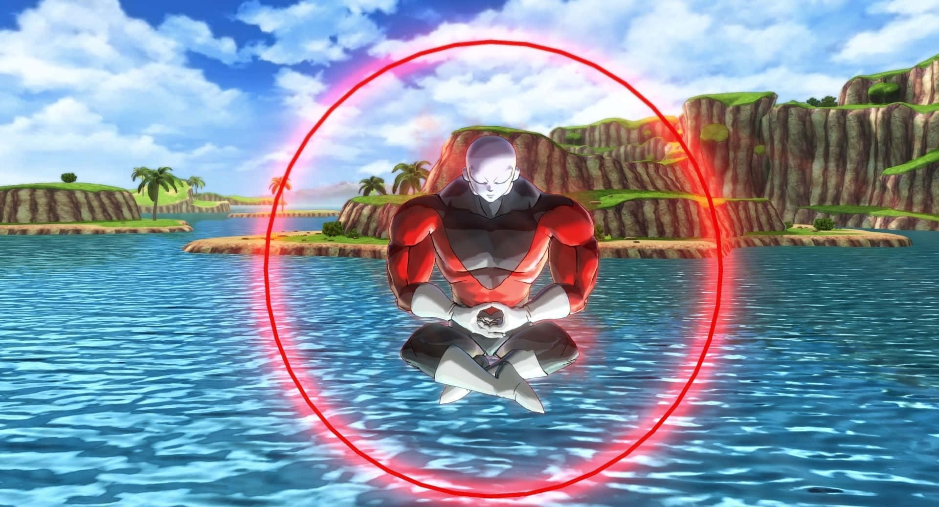 Dragon Ball Xenoverse 2 桌布 壁紙 — 一位身穿紅銀色盔甲的戰士在熱帶海洋上方的發光紅色圓環中冥想，背景有岩石峭壁和棕櫚樹。