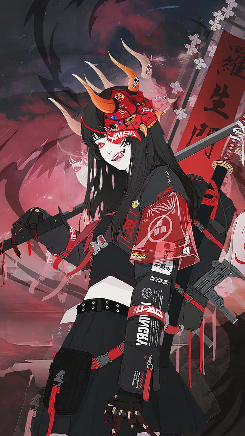 Female Samurai 桌布 壁紙 — 一位身穿紅黑盔甲、戴著惡魔面具的兇猛動漫戰士，在暗紅色的天空下揮舞著劍。