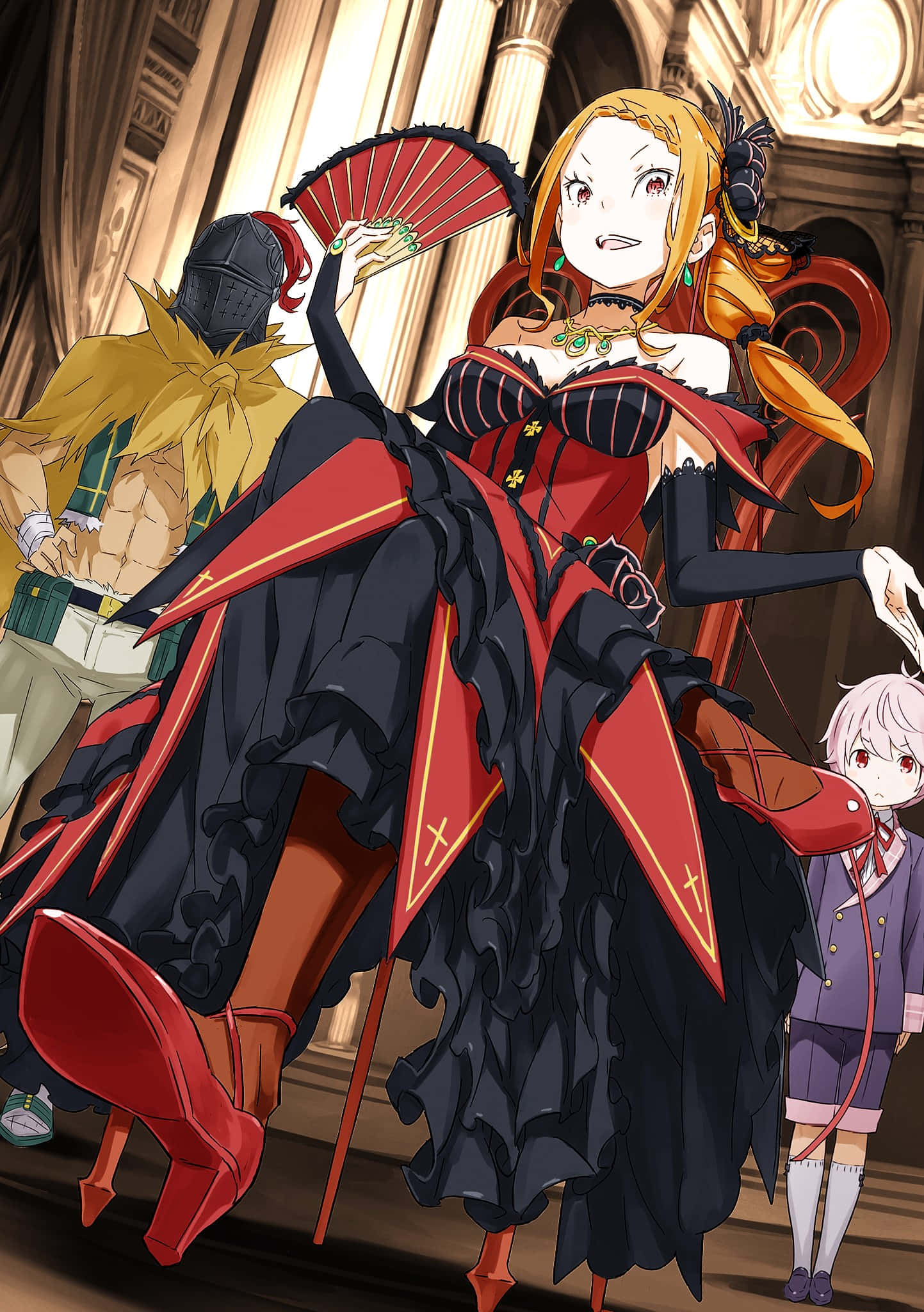 Priscilla Barielle 桌布 壁紙 — 一位身穿紅黑禮服的迷人動漫女性，手持扇子，與兩位同伴站在宏偉的大廳中。