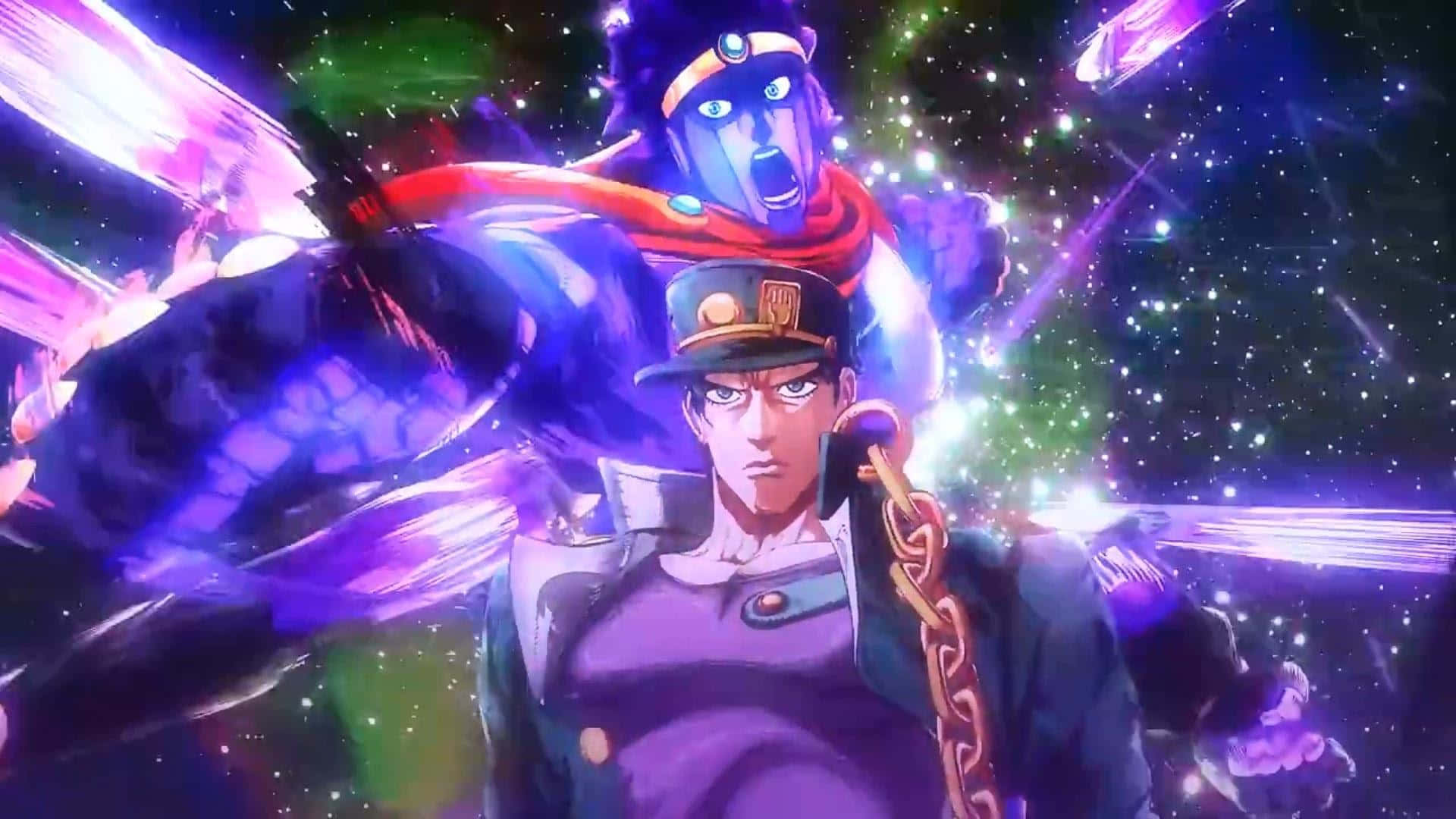 joseph joestar 桌布 壁紙 — 一位身穿紫色制服、意志堅定的動漫戰士，站在宇宙背景前，旁邊有一隻揮舞著鎖鏈的藍色熊狀生物。