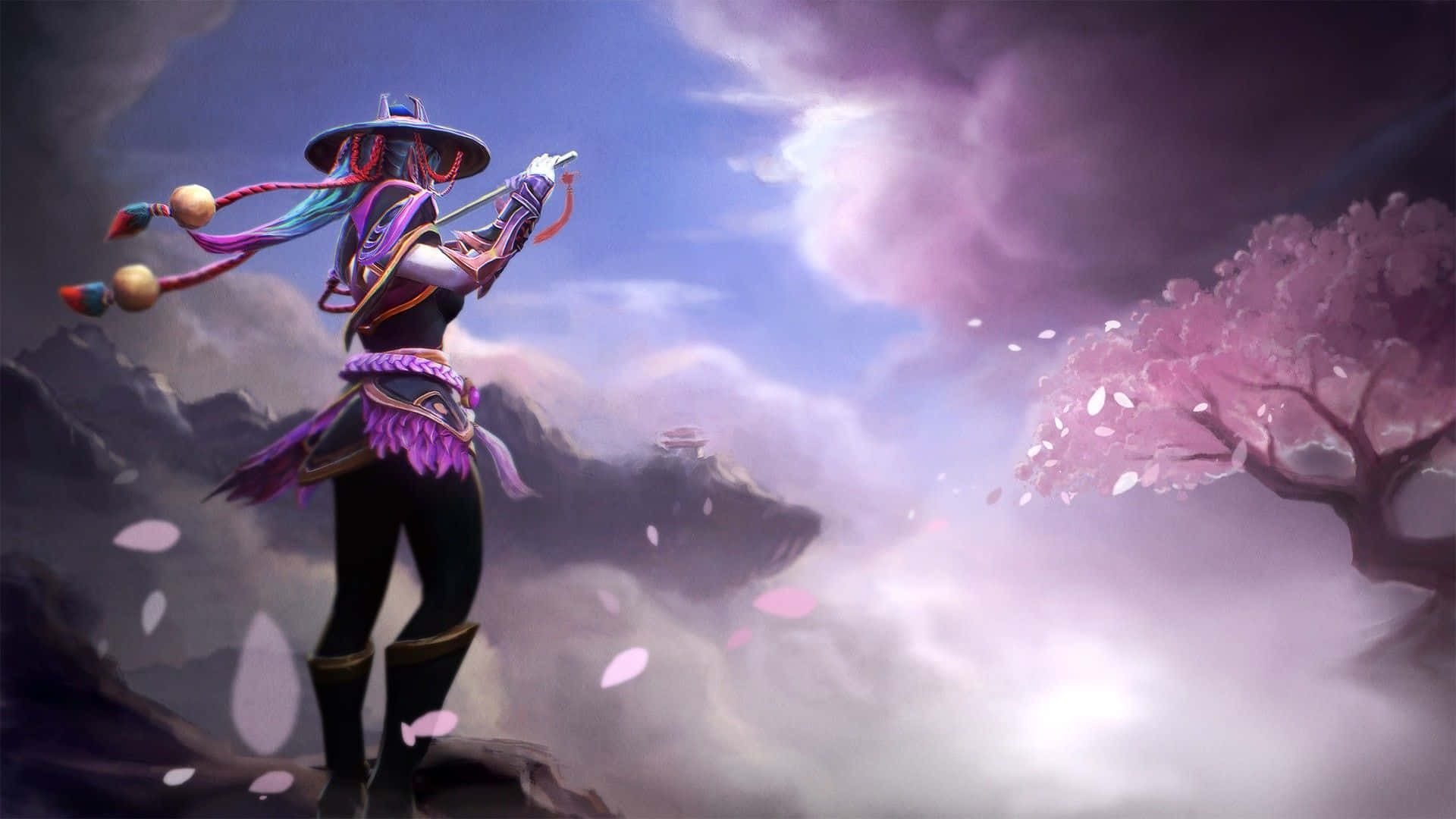 Dota 桌布 壁紙 — 一位身穿紫色和粉紅色服裝的充滿活力的動漫戰士，在戲劇性的天空下，站在懸崖上，周圍是飄落的櫻花。