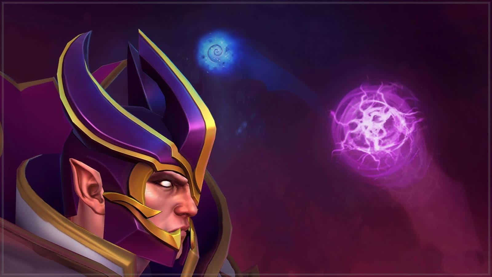 Dota 2 Invoker 桌布 壁紙 — 一位身穿紫色和金色盔甲的嚴肅精靈巫師，在黑暗的宇宙背景下凝視著旋轉的紫色和藍色魔法球體。