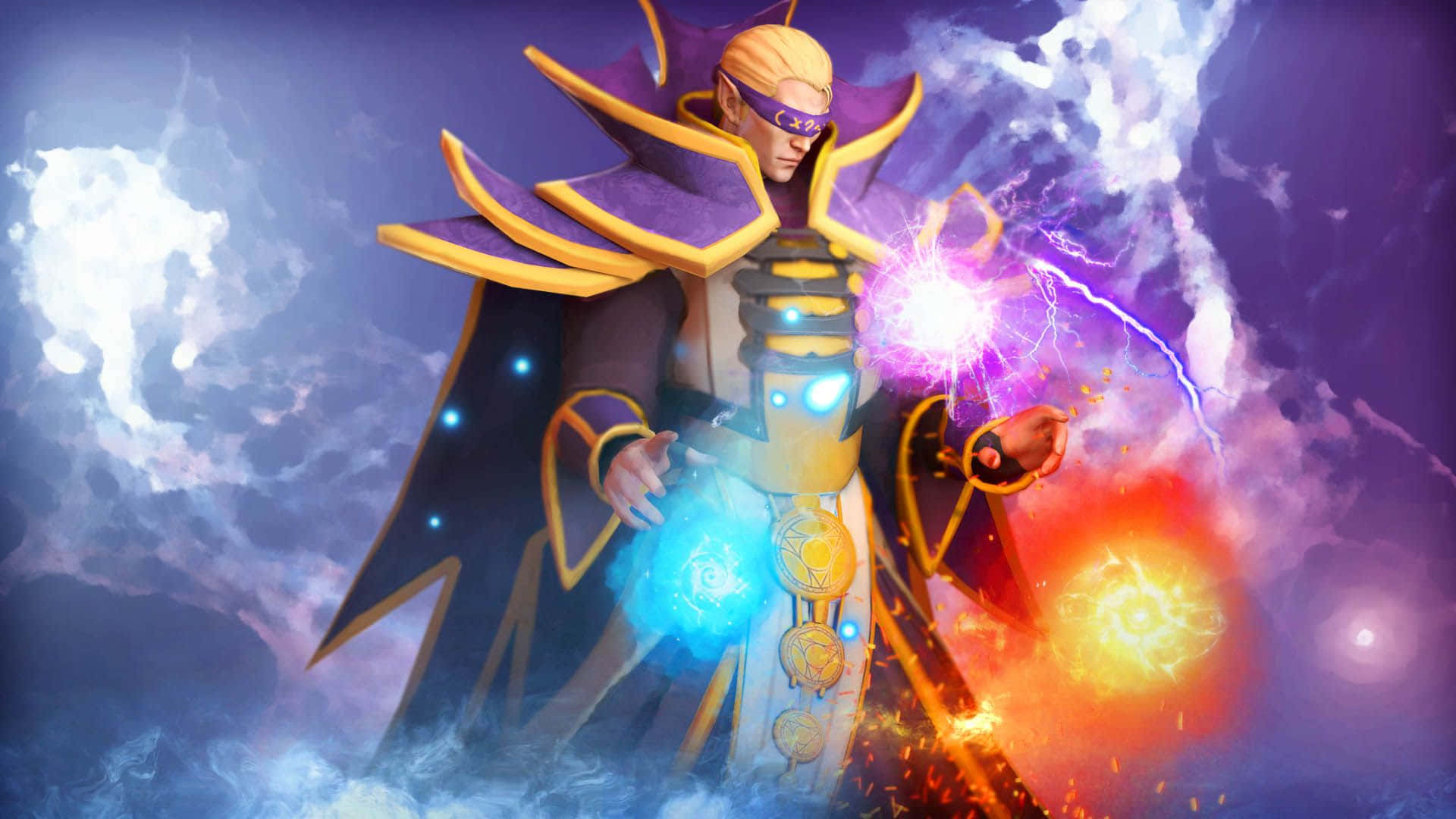 Dota 2 Invoker 桌布 壁紙 — 一位身穿紫色和金色長袍的強大法師，在風暴般的宇宙背景下引導電藍色和火橙色的魔法。