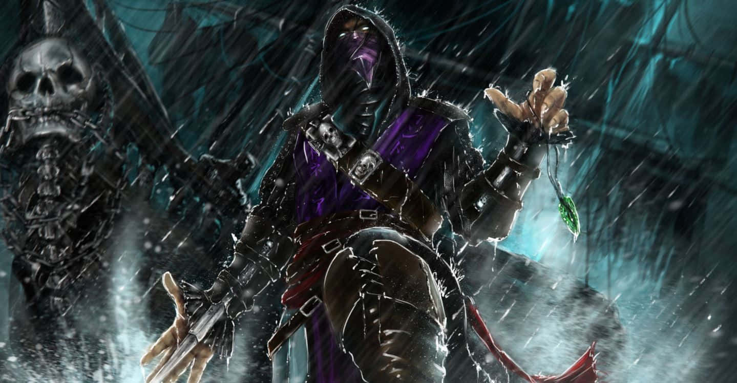 Mortal Kombat Legacy 桌布 壁紙 — 一位身穿紫色斗篷的戰士站在風暴黑暗的環境中，身後有一個骷髏身影。