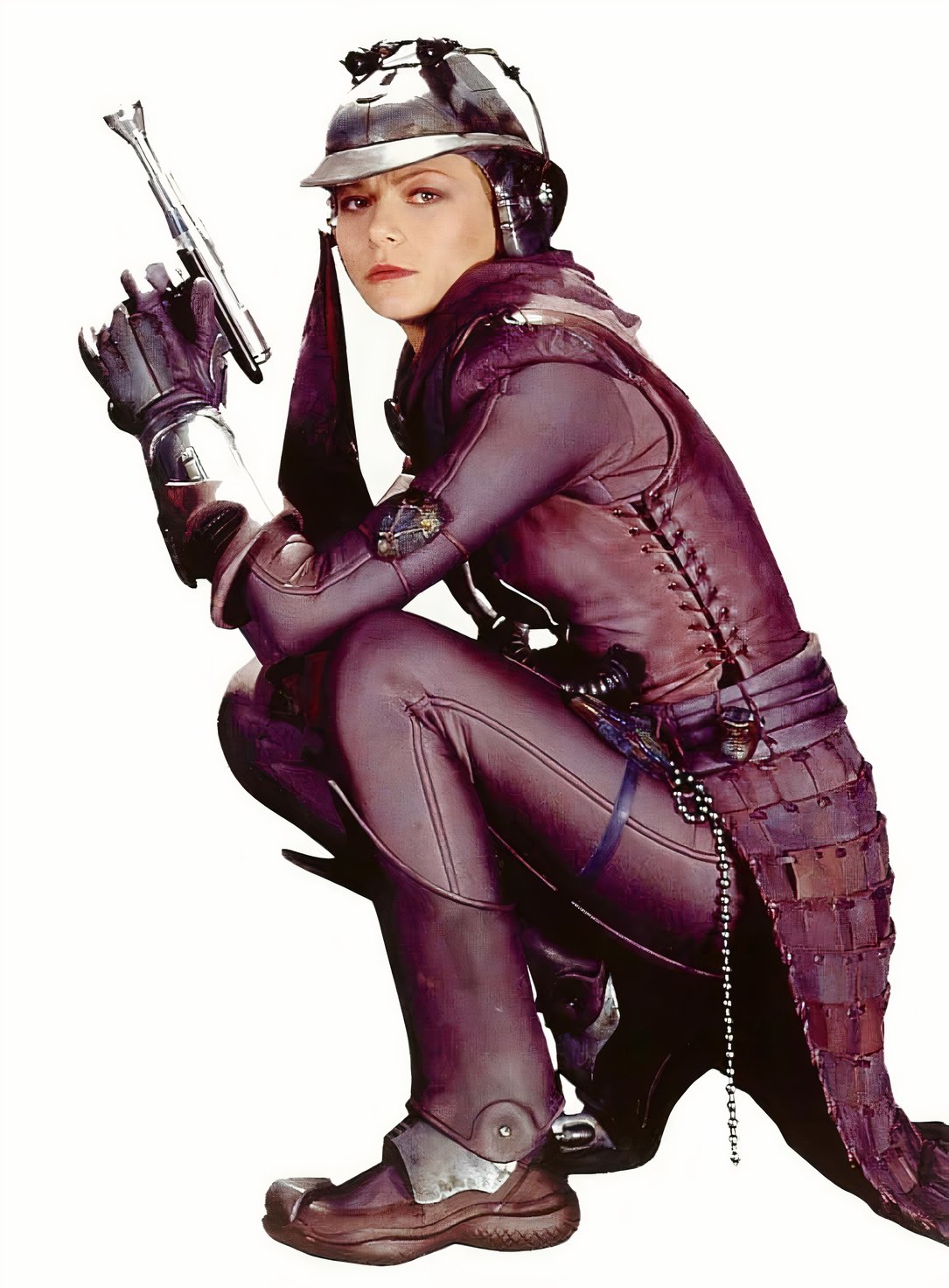 Zam Wesell 桌布 壁紙 — 一位身穿紫色皮甲的女性賞金獵人蹲著，手持爆能槍，背景為純白色。