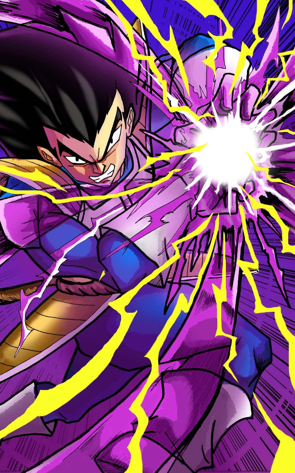 Vegeta Galick Gun 桌布 壁紙 — 一位身穿紫色盔甲的兇猛動漫戰士，帶著強烈的表情釋放出發光的黃色能量爆炸。