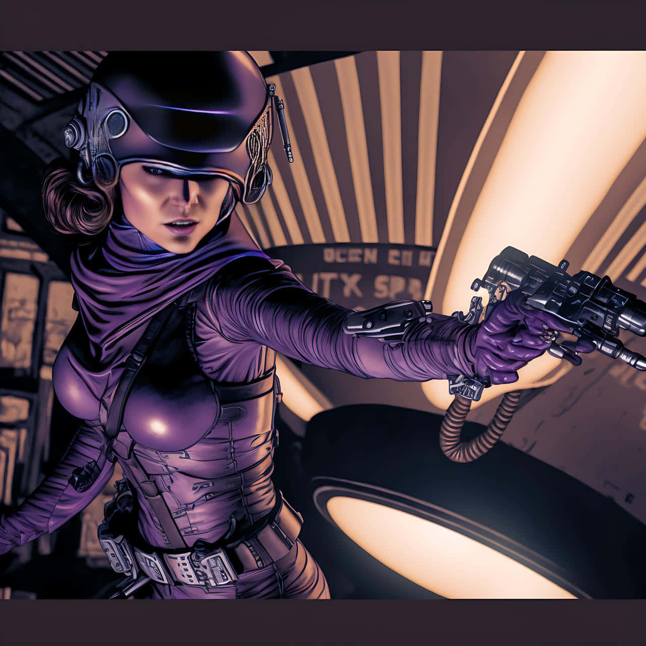 Zam Wesell 桌布 壁紙 — 一位身穿紫色盔甲的女性太空賞金獵人在發光的太空船走廊中瞄準未來武器。