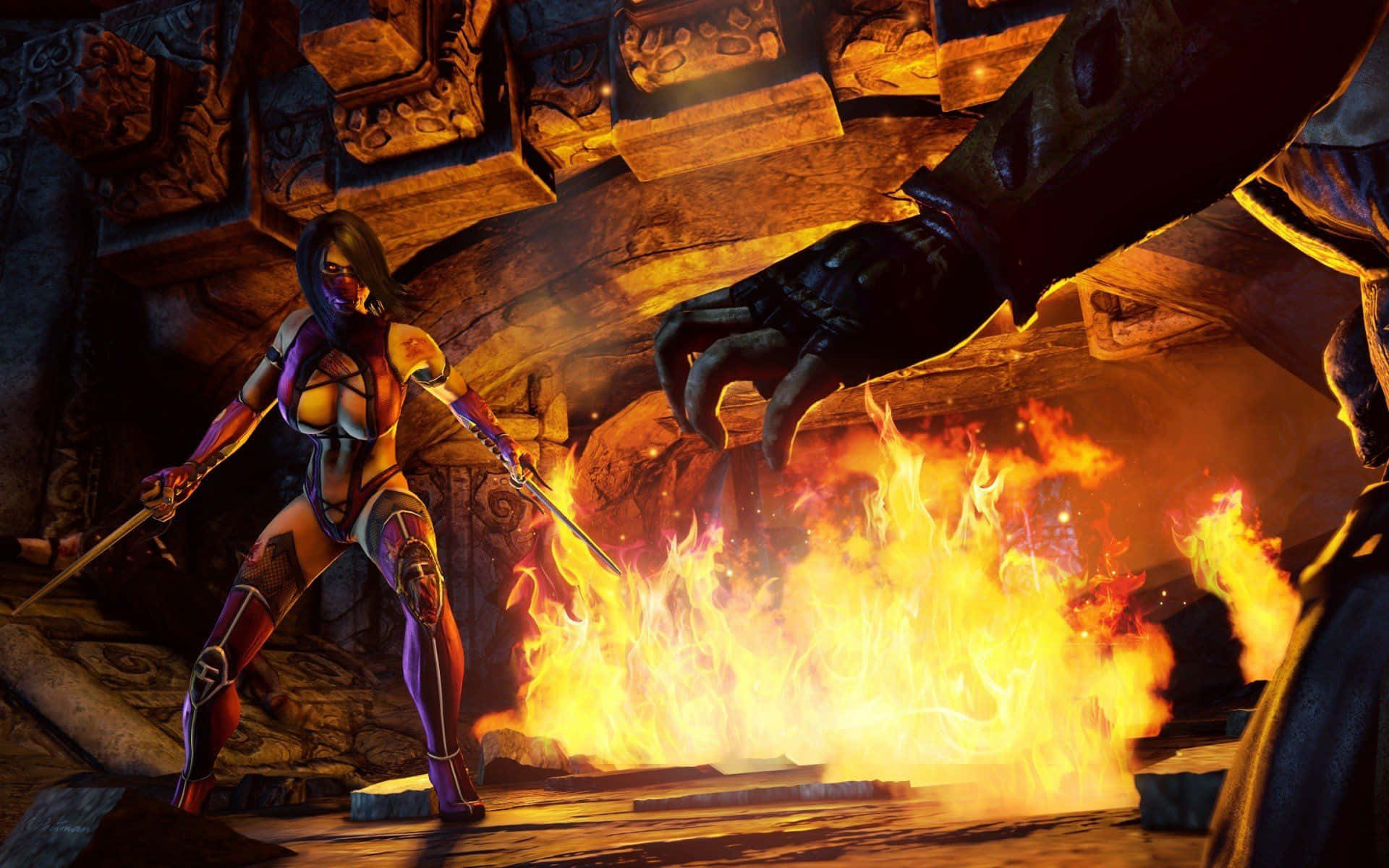 Mortal Kombat Mileena 桌布 壁紙 — 一位身穿紫色盔甲的女戰士手持雙劍，在石頭廢墟中面對巨手籠罩在咆哮的火焰之上。