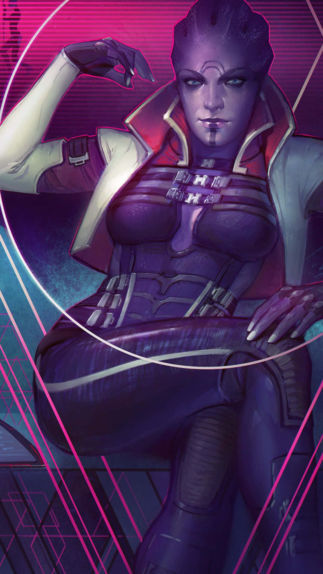 Aria T'loak 桌布 壁紙 — 一位身穿紫色盔甲的賽博龐克女戰士在霓虹燈照亮的幾何背景前自信地擺姿勢。