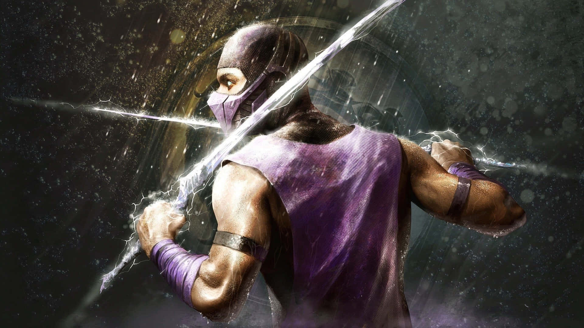 Mortal Kombat Characters 桌布 壁紙 — 一位身穿紫色盔甲的面具戰士在黑暗的宇宙環境中引導噼啪作響的閃電能量。