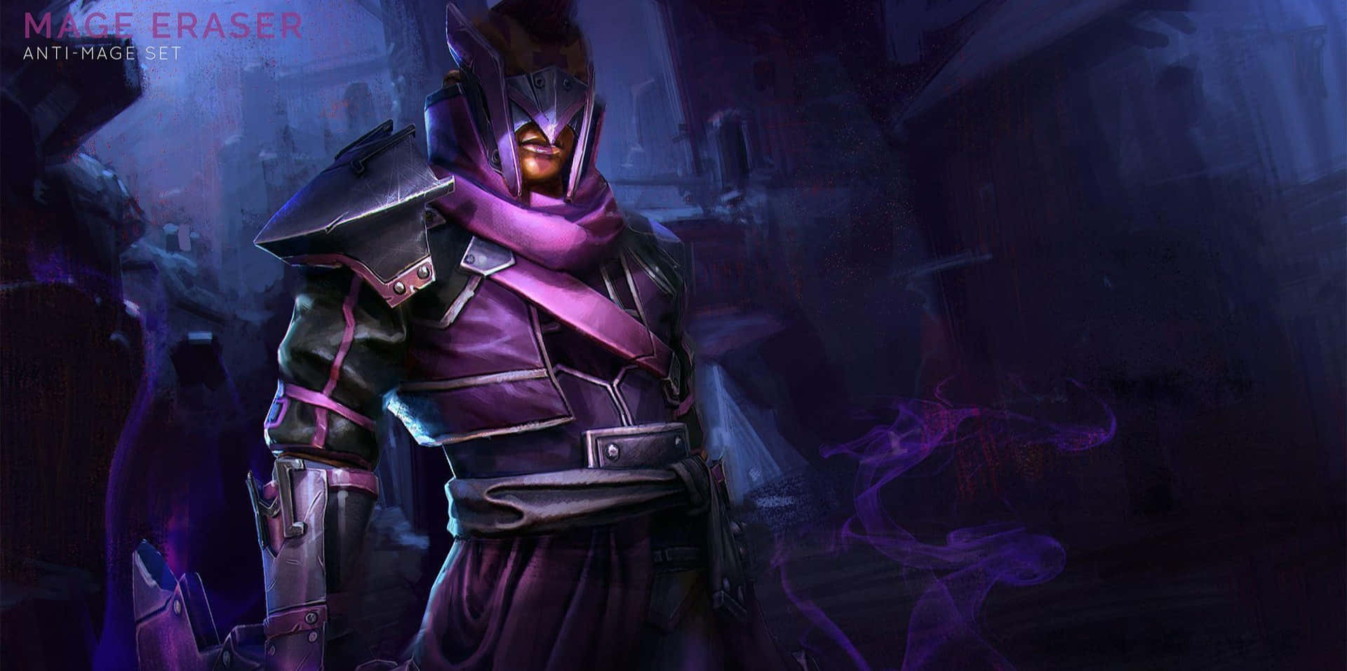Anti-mage 桌布 壁紙 — 一位身穿紫色盔甲的黑暗奇幻法師，站在陰暗城市小巷中旋轉的魔法能量之中。