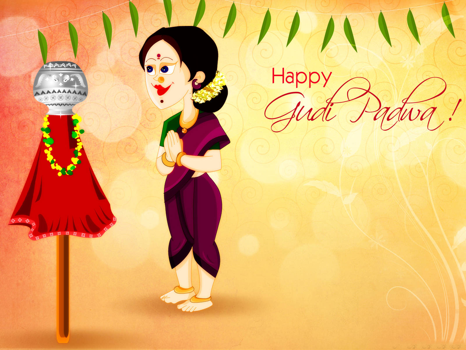 Gudi Padwa 桌布 壁紙 — 一位身穿紫色紗麗的快樂卡通女性，在裝飾著綠葉和花環的古迪桿旁祈禱，背景是溫暖的黃色。