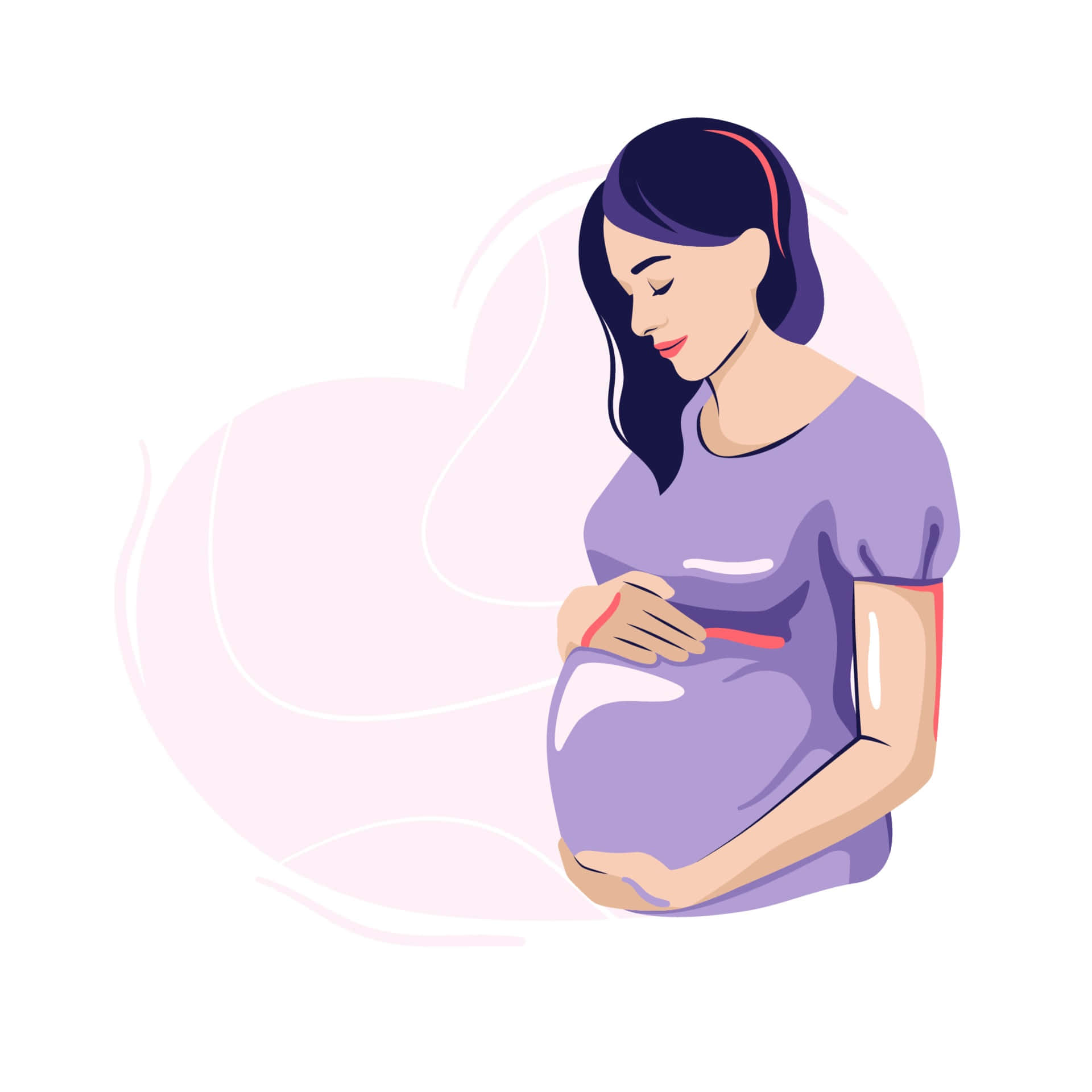 pregnancy 桌布 壁紙 — 一位身穿紫色襯衫的寧靜孕婦，在柔軟的粉紅色心形背景前輕輕地抱著她的肚子。
