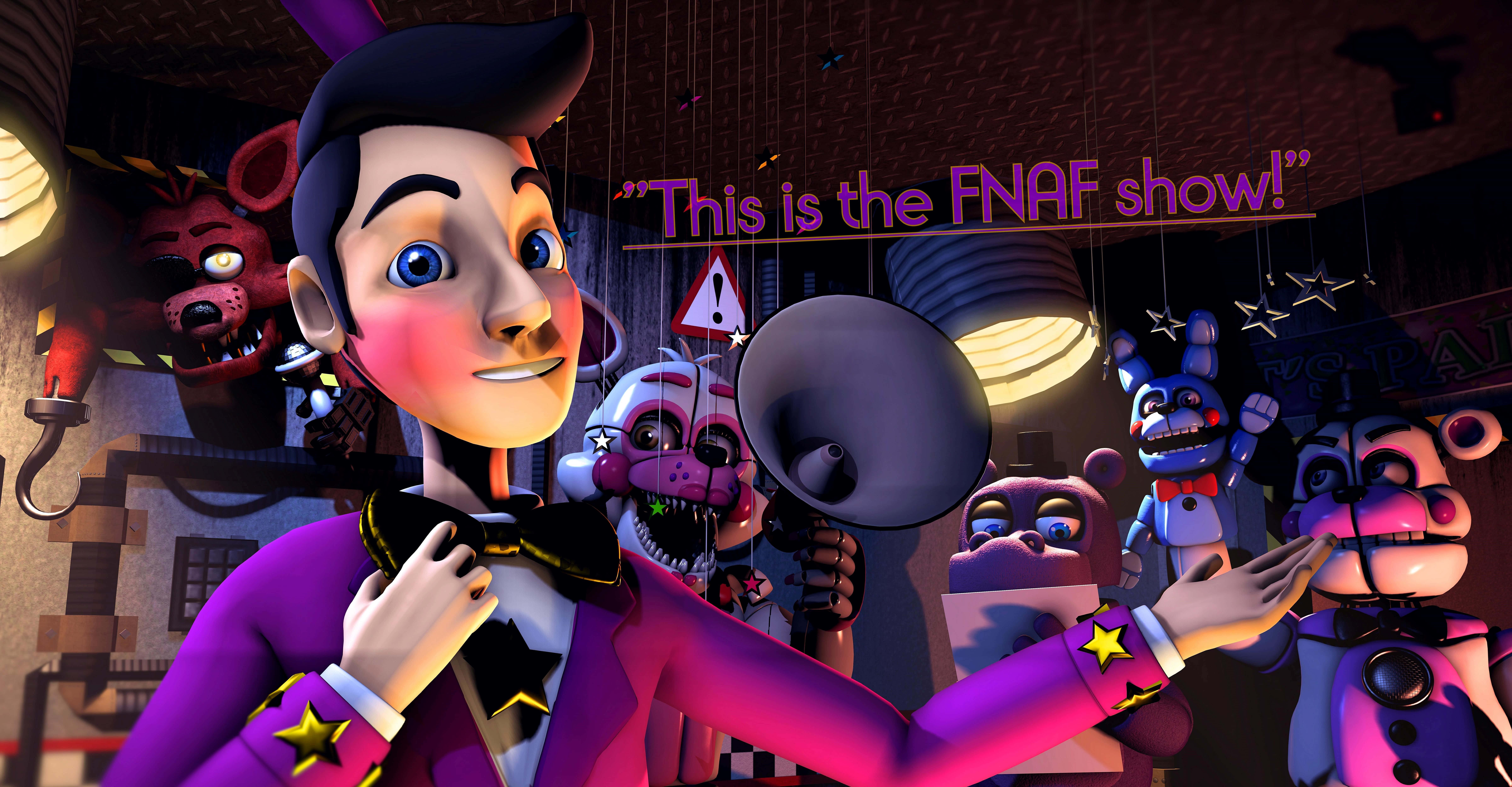 Ultimate Custom Night 桌布 壁紙 — 一位身穿紫色西裝的開朗機械動畫主持人在燈光昏暗的劇院中，被威脅性的機械動畫角色包圍，宣布FNAF表演。
