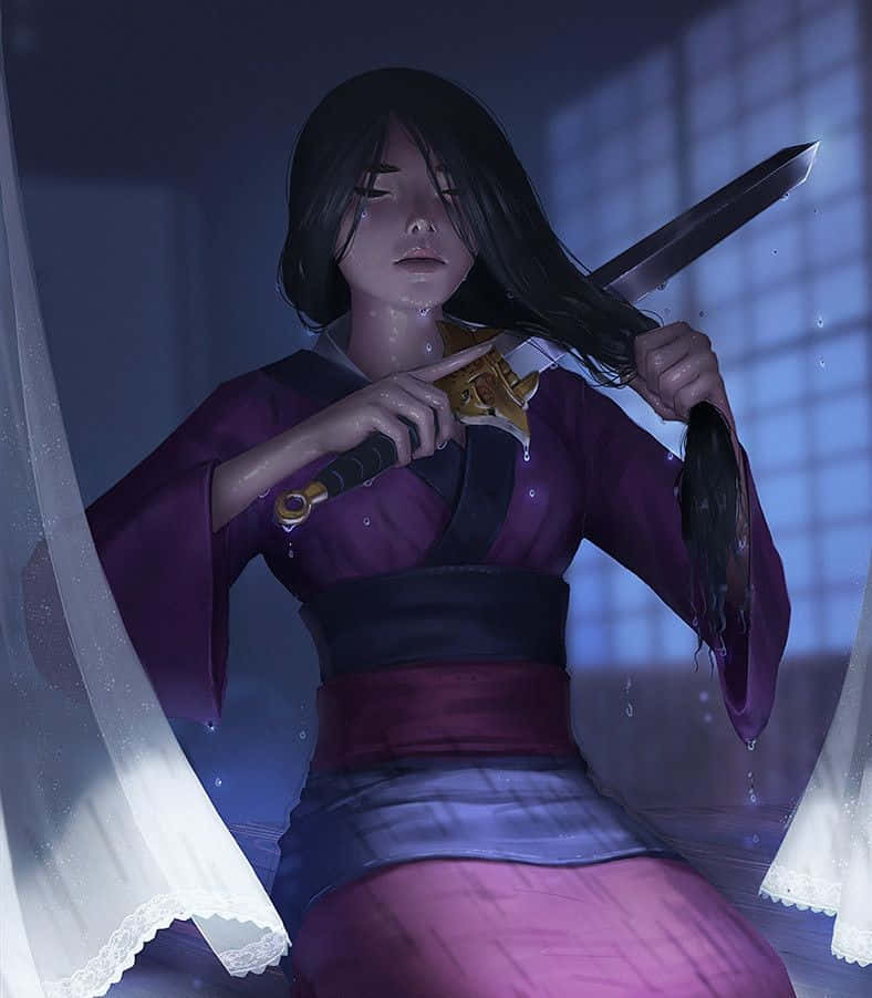 Game Animation 桌布 壁紙 — 一位身穿紫色長袍的悲傷動漫女子，在光線昏暗、掛著薄紗窗簾的房間裡，將刀刃抵在自己的喉嚨上。