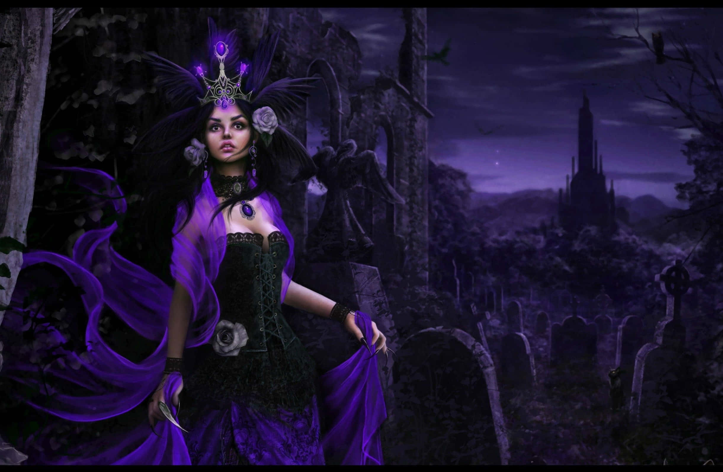 Dark Queen 桌布 壁紙 — 一位身穿紫色長袍的黑暗奇幻女王，站在月光下的墓地中，周圍有哥德式廢墟和飛舞的蝙蝠。