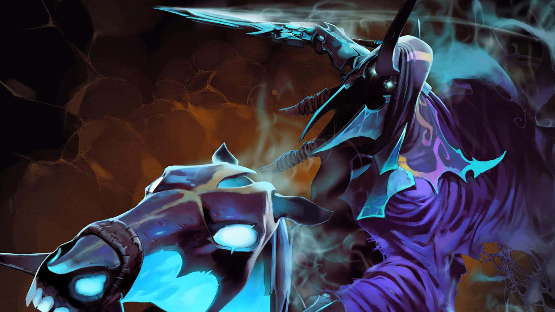 Dota 2 Heroes 桌布 壁紙 — 一位身穿紫色長袍的黑暗奇幻戰士，在一匹眼睛發光的幽靈馬上方揮舞著發光的藍色劍。