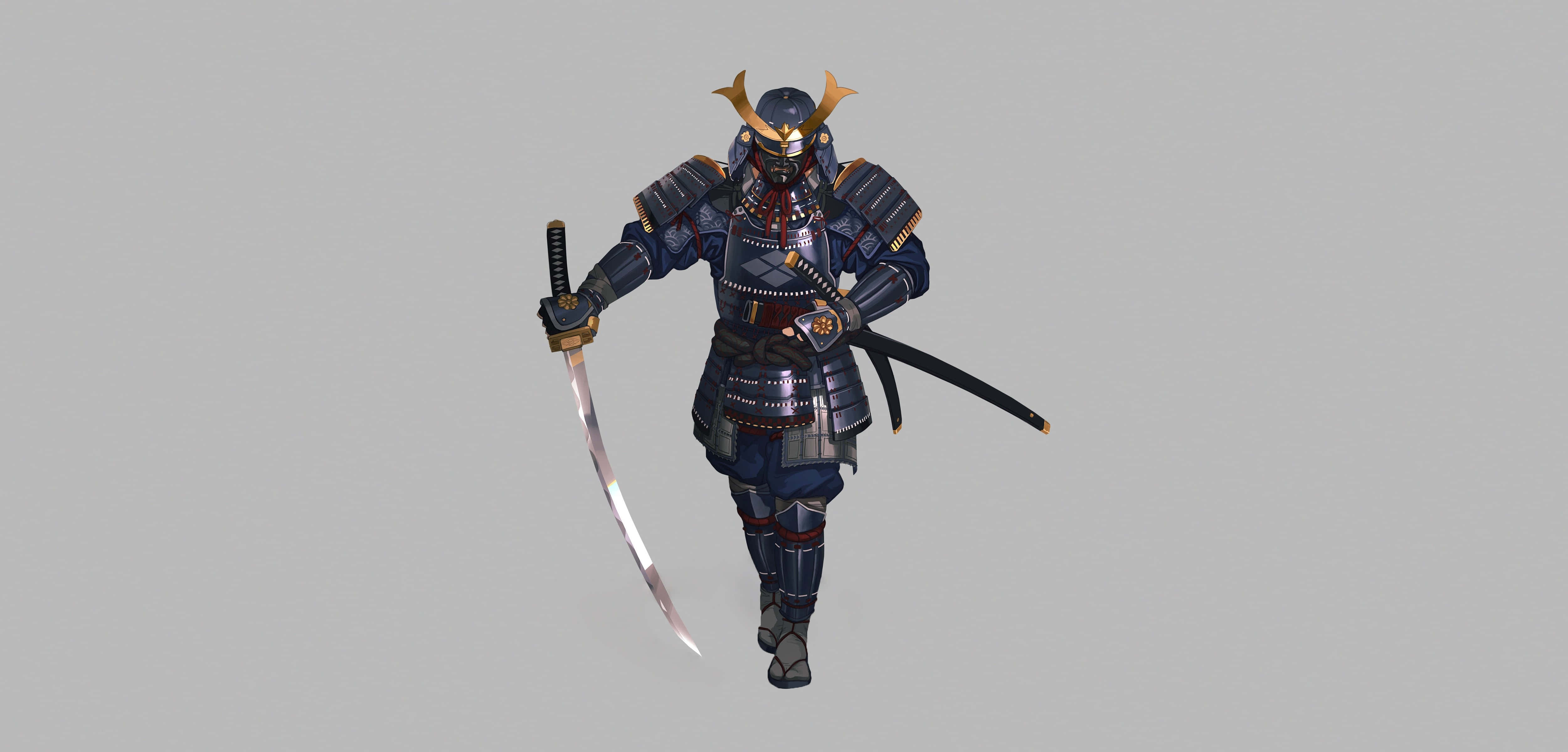Samurai Armor 桌布 壁紙 — 一位身穿細節豐富的深藍色鎧甲、帶有金色點綴的武士戰士，手持武士刀，在純灰色背景上向前邁進。