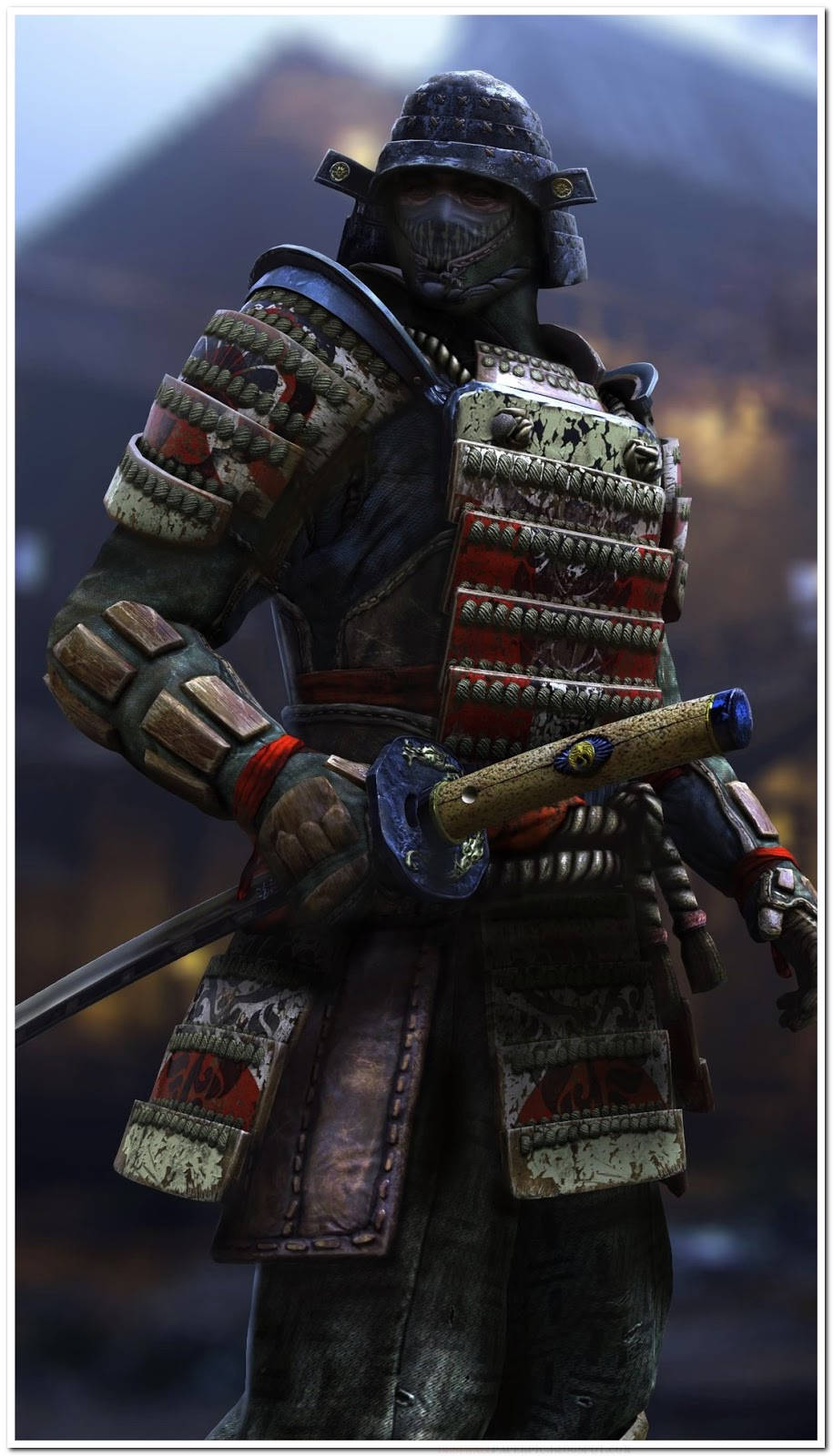 for honor 4K 桌布 壁紙 — 一位身穿細節風化鎧甲的武士戰士，手持武士刀，以模糊的山脈背景為襯，蓄勢待發。