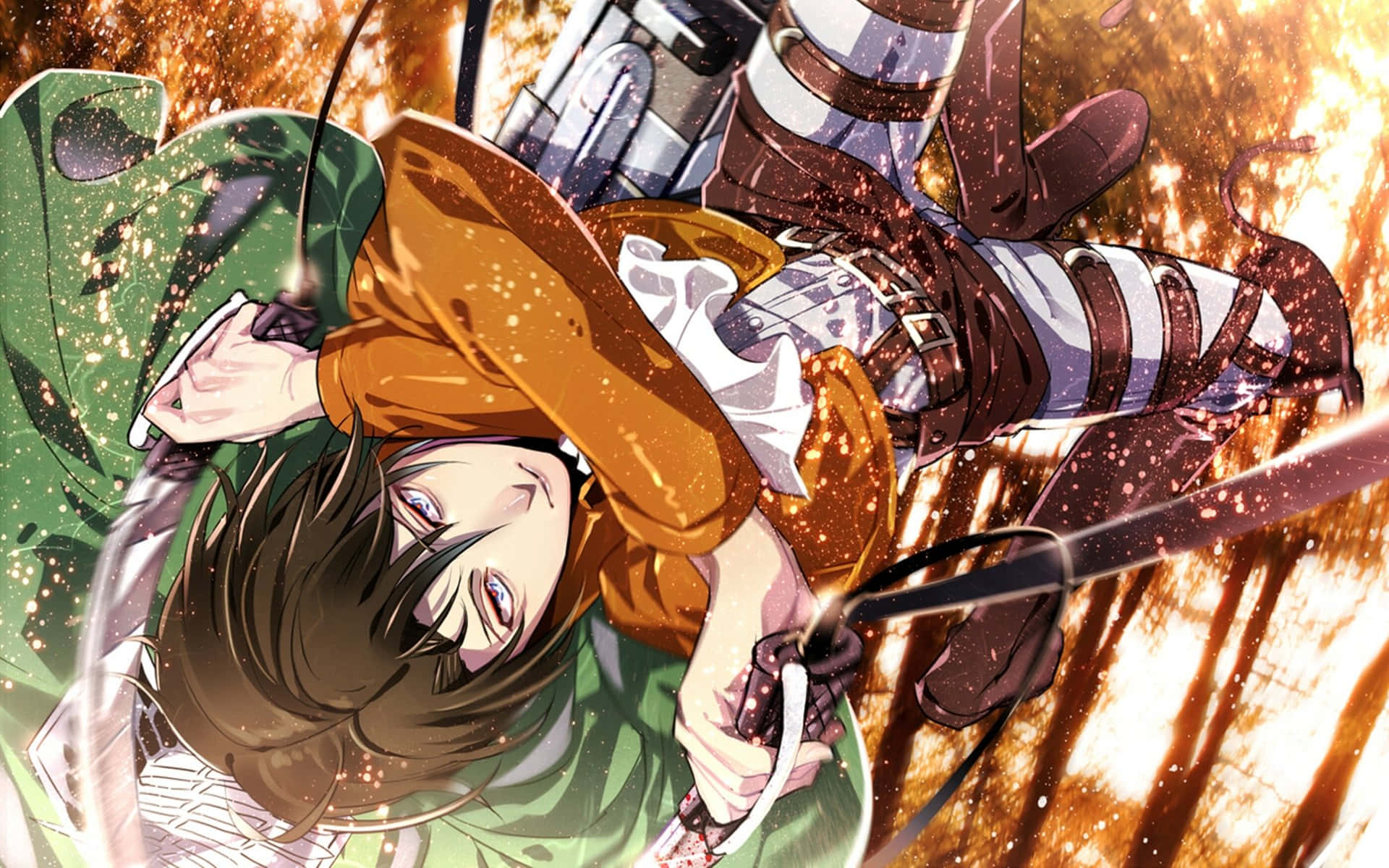 Levi Ackerman Desktop 桌布 壁紙 — 一位身穿綠色和棕色裝備的動漫戰士，在空中用劍劈開熾熱的空氣。