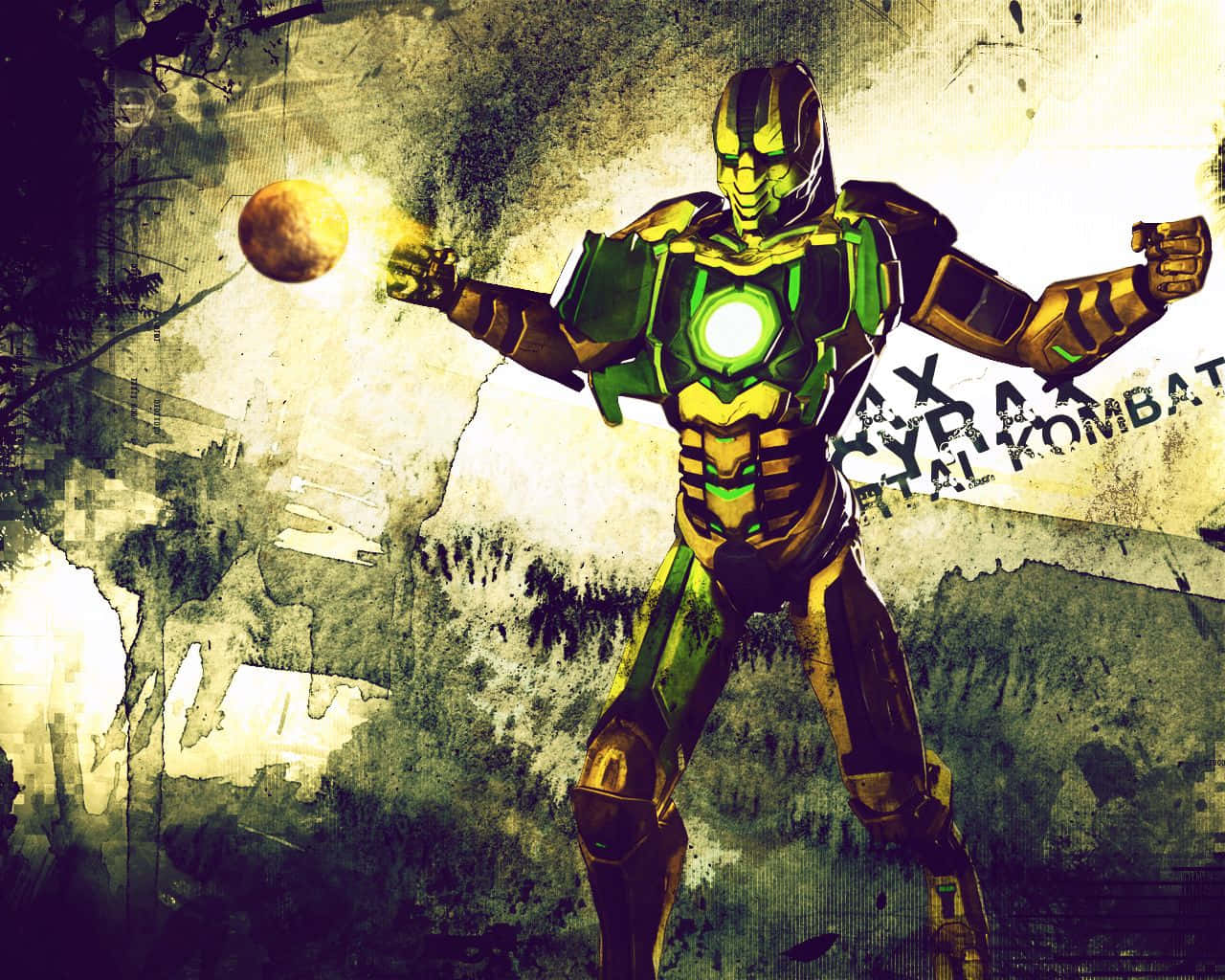 Mortal Kombat Cyrax 桌布 壁紙 — 一位身穿綠色和金色裝甲的超級英雄，胸前和拳頭發光，向粗糙紋理的牆壁投擲發光球體。