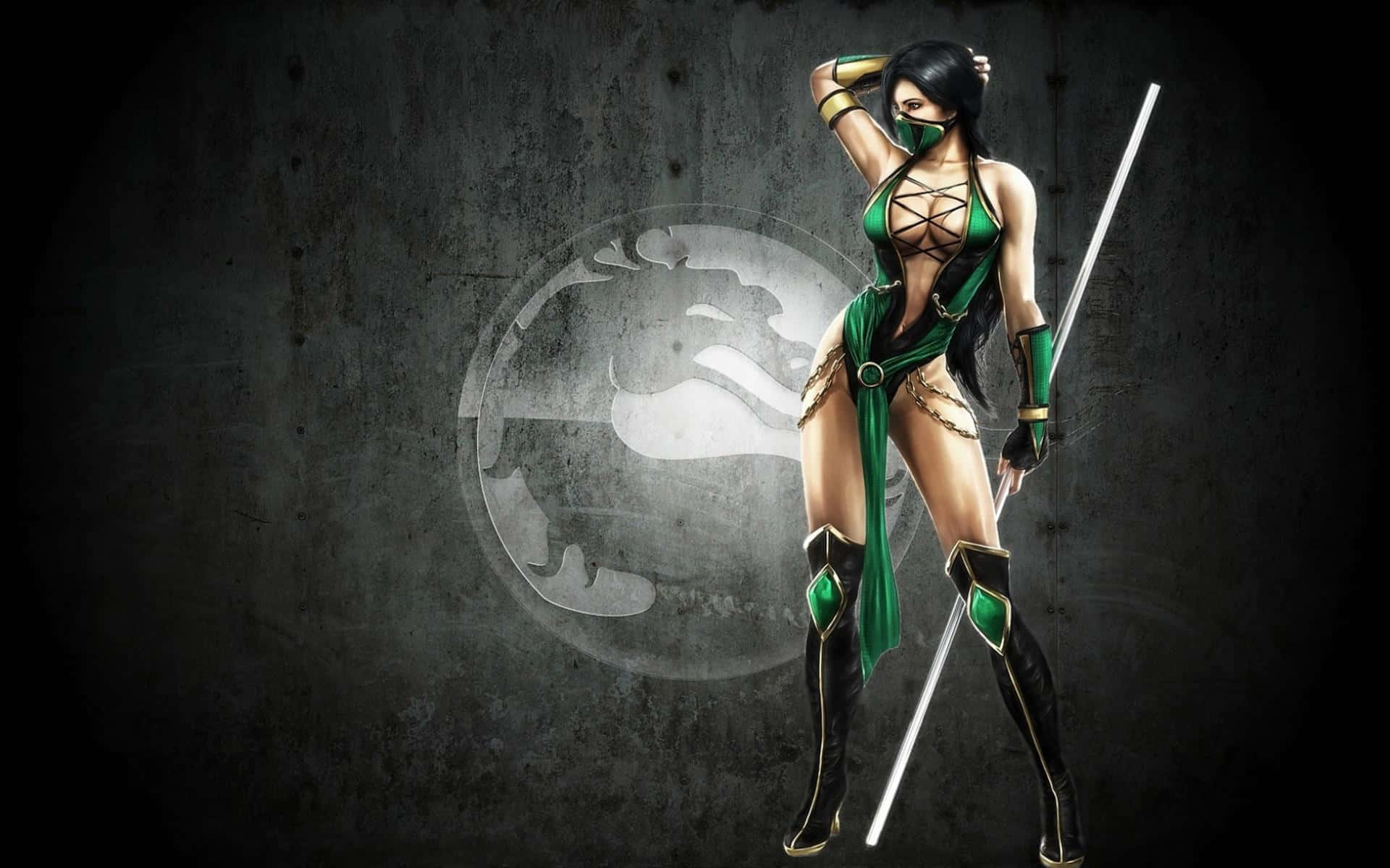 Mortal Kombat Characters 桌布 壁紙 — 一位身穿綠色和黑色盔甲的女性戰士，揮舞著一把發光的劍，背景是帶有褪色標誌的深色混凝土牆。