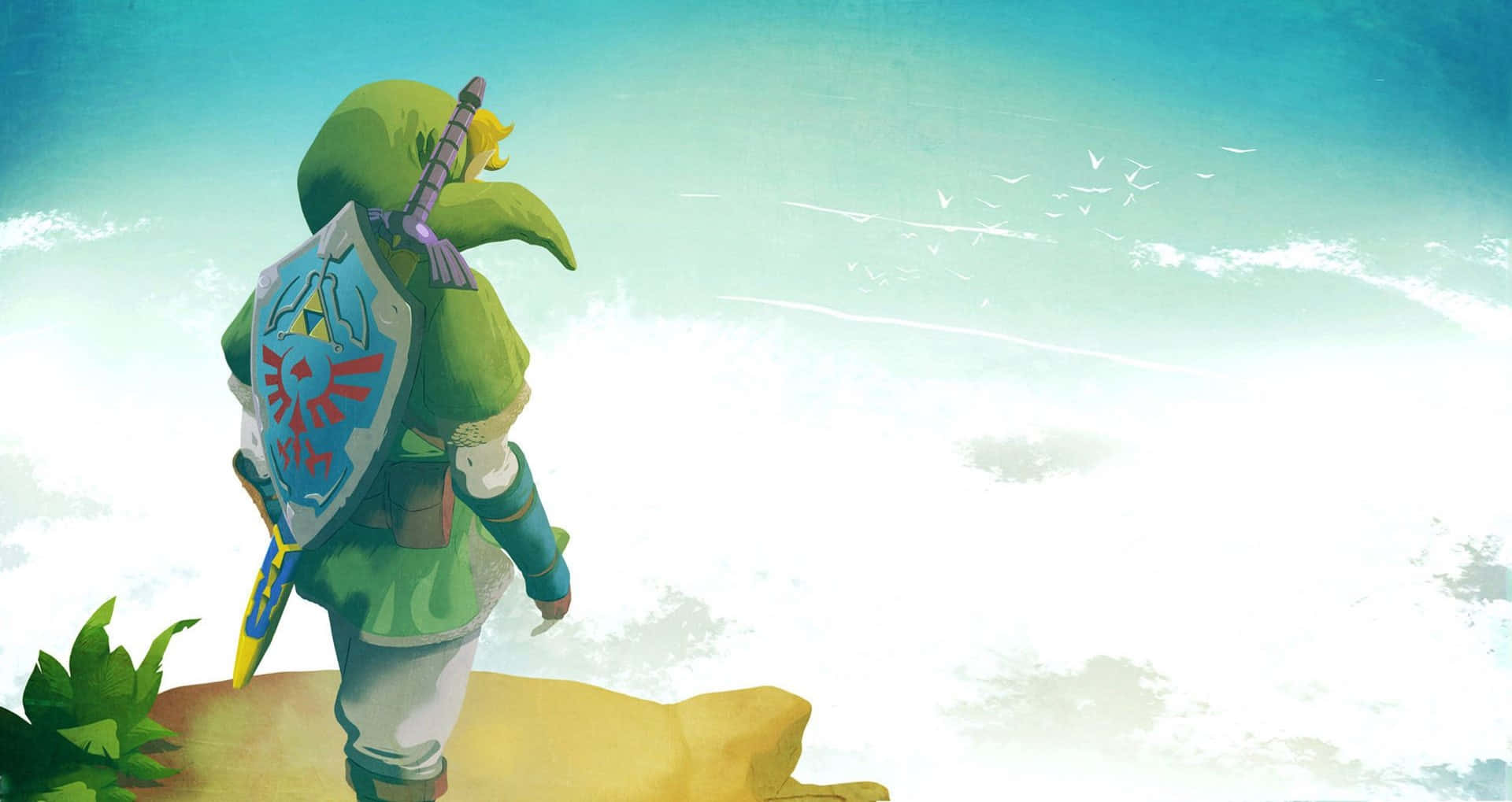 The Legend Of Zelda Skyward Sword 桌布 壁紙 — 一位身穿綠色服裝的英雄，手持藍色盾牌和劍，站在懸崖上，俯瞰著廣闊的海洋，天空明亮。