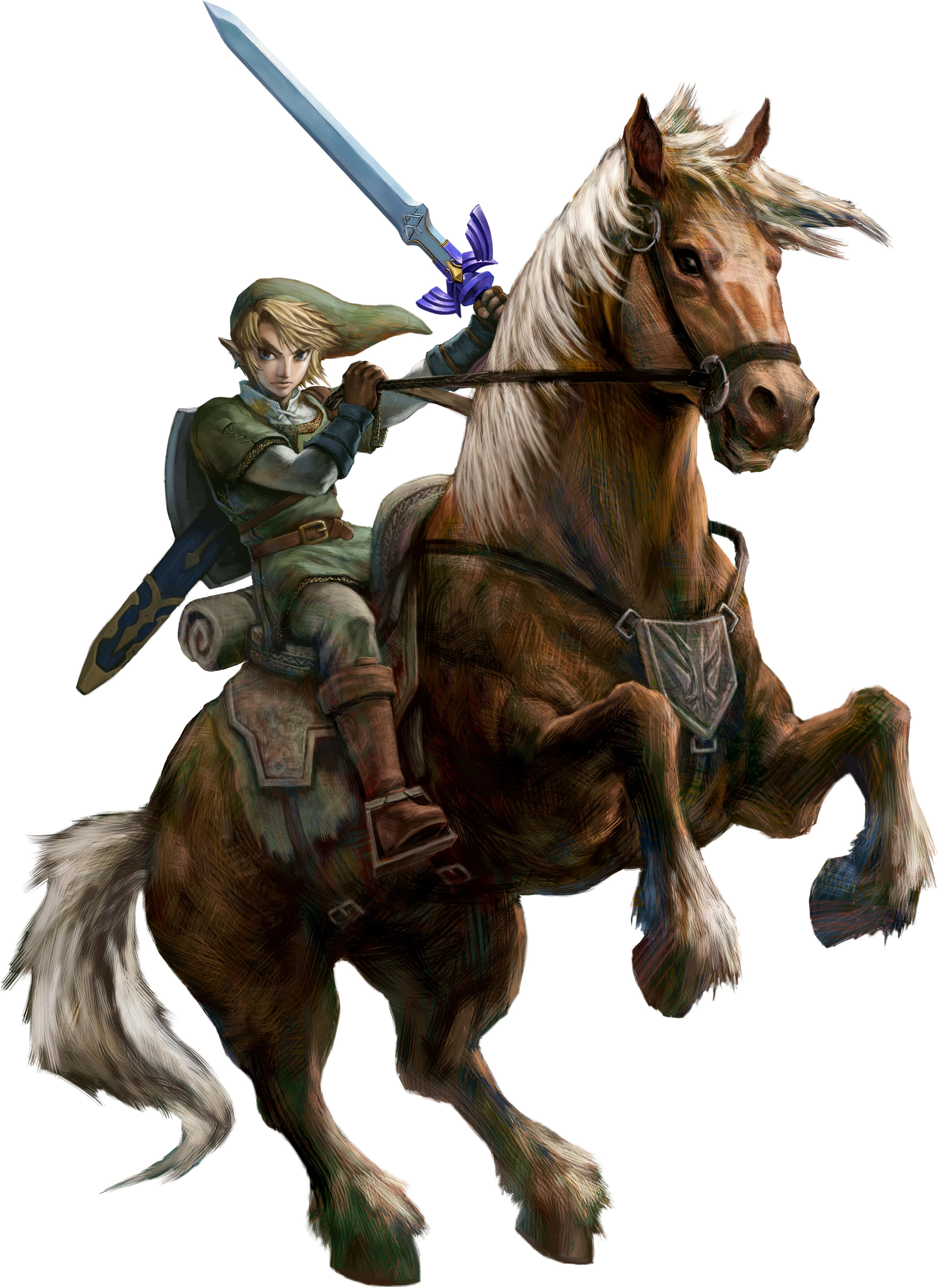 The Legend Of Zelda Epona 桌布 壁紙 — 一位身穿綠色束腰外衣的年輕英雄騎著一匹後腿站立的棕色馬，揮舞著發光的劍，背景為白色。